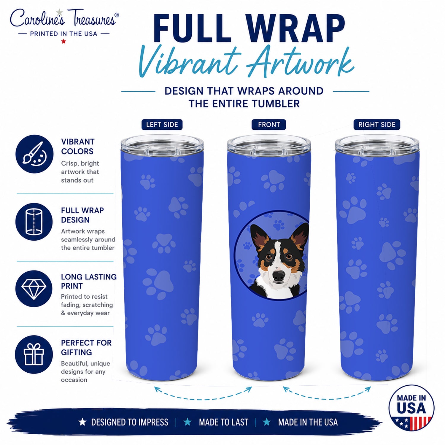 Pembroke Welsh Corgi Tricolor Black-Headed #1  Stainless Steel Skinny Tumbler 20 oz Vacuum Double Walled Reusable Insulated Travel Cup