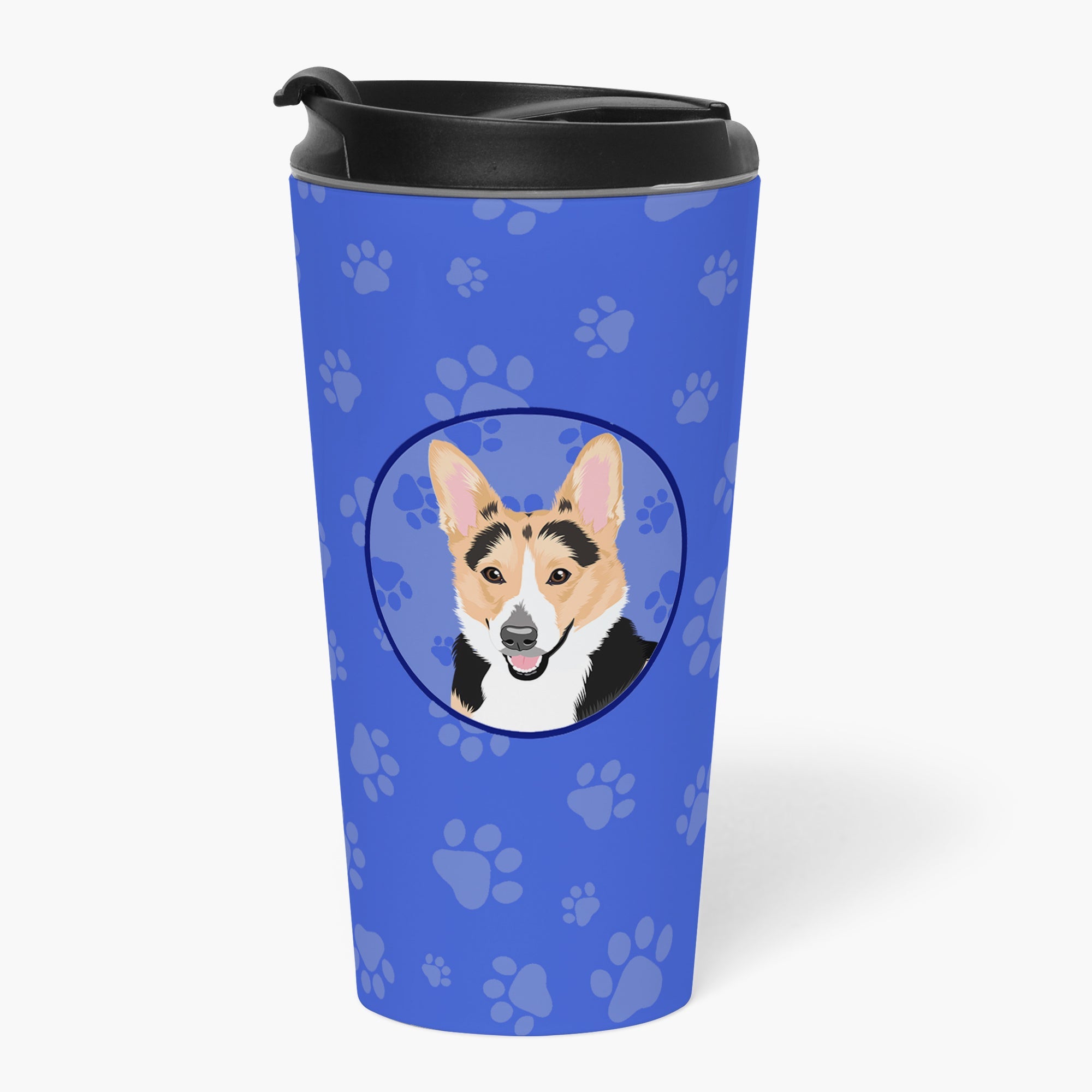 Pembroke Welsh Corgi Tricolor Red-Headed Stainless Steel 16 oz Tumbler Blue Insulated Tumbler with Lid, Cute Travel Cup for Coffee, Cocktails, Gift Men, Dad, Women, Mother