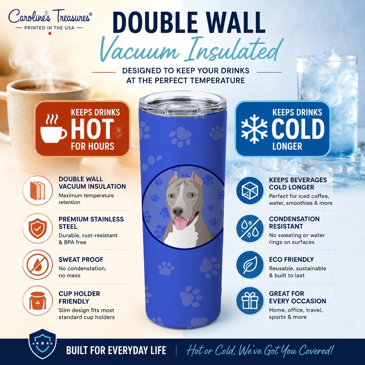 Pit Bull Blue #5  Stainless Steel Skinny Tumbler 20 oz Vacuum Double Walled Reusable Insulated Travel Cup