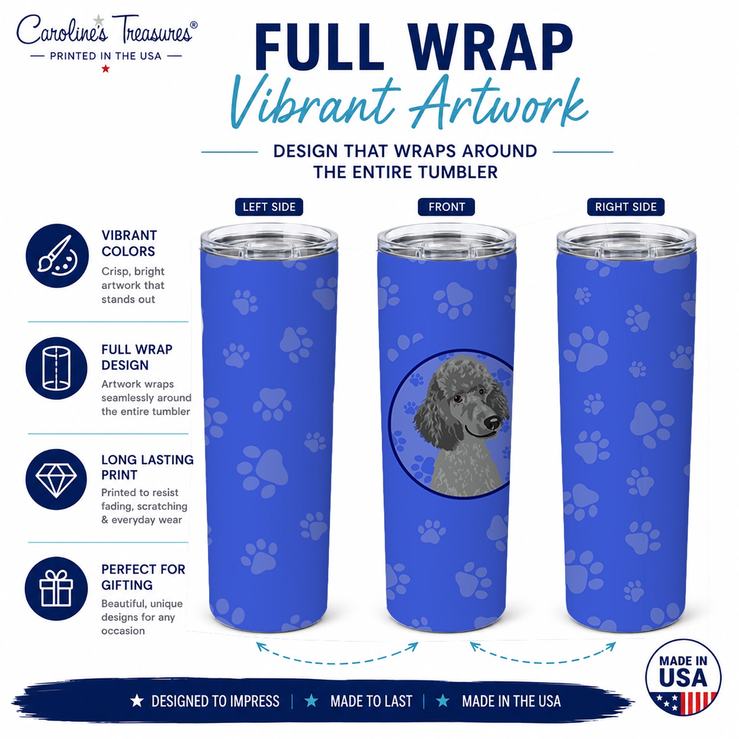 Poodle Standard Gray  Stainless Steel Skinny Tumbler 20 oz Vacuum Double Walled Reusable Insulated Travel Cup
