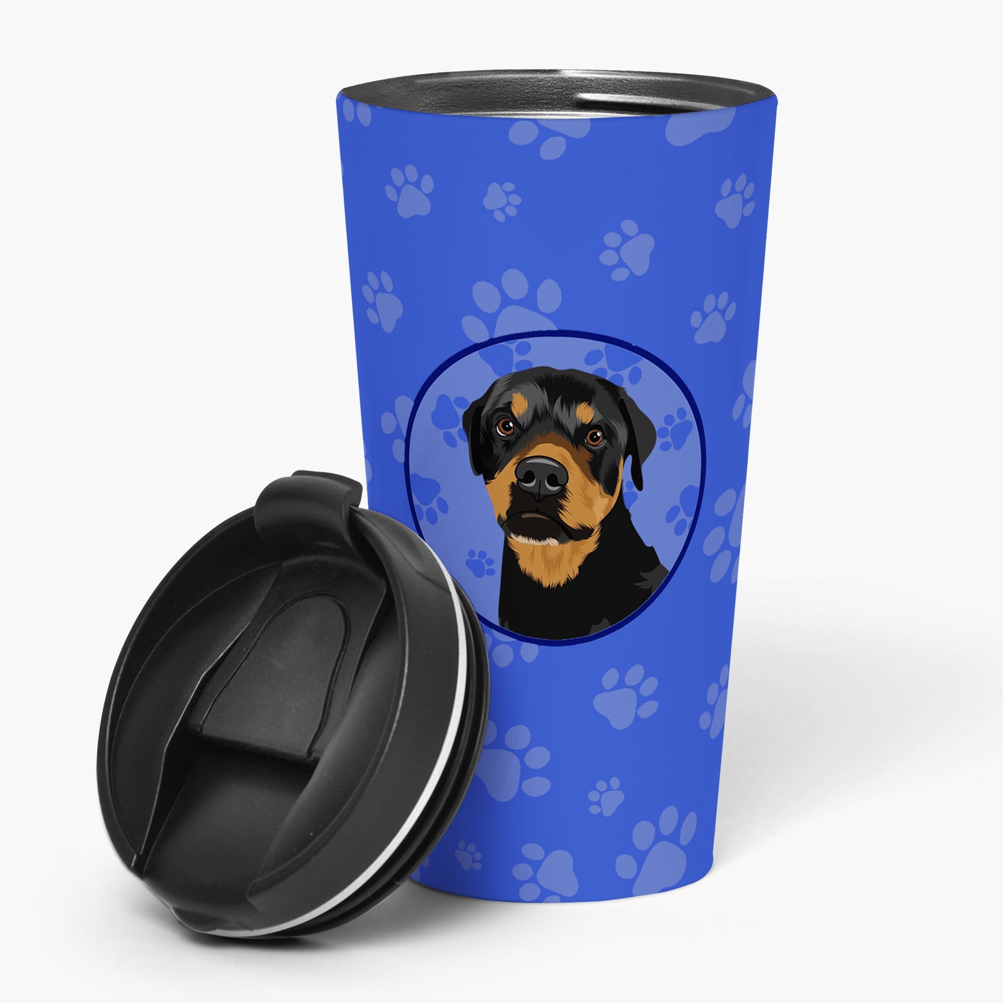 Rottweiler Black and Rust Stainless Steel 16 oz Tumbler Blue Insulated Tumbler with Lid, Cute Travel Cup for Coffee, Cocktails, Gift Men, Dad, Women, Mother