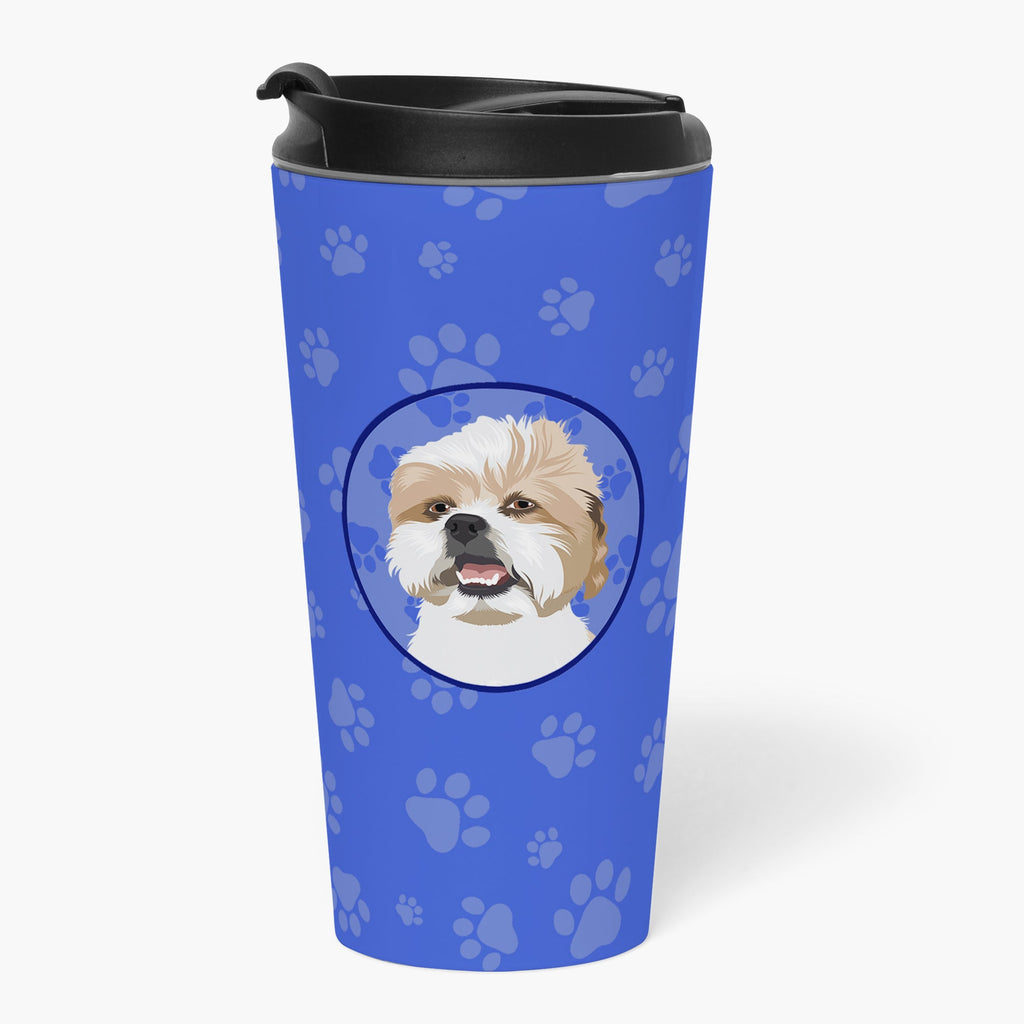 Shih-Tzu Silver Gold and White Stainless Steel 16 oz Tumbler Blue Insulated Tumbler with Lid, Cute Travel Cup for Coffee, Cocktails, Gift Men, Dad, Women, Mother