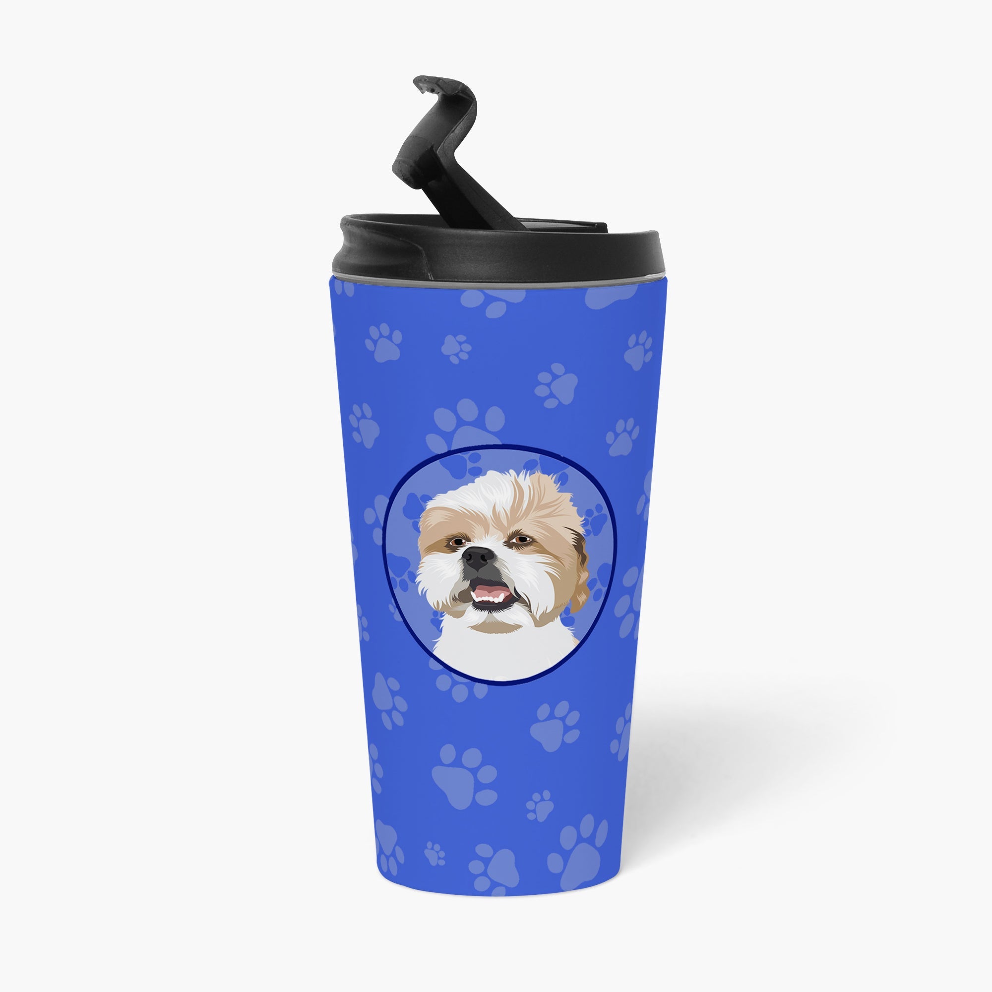 Shih-Tzu Silver Gold and White Stainless Steel 16 oz Tumbler Blue Insulated Tumbler with Lid, Cute Travel Cup for Coffee, Cocktails, Gift Men, Dad, Women, Mother