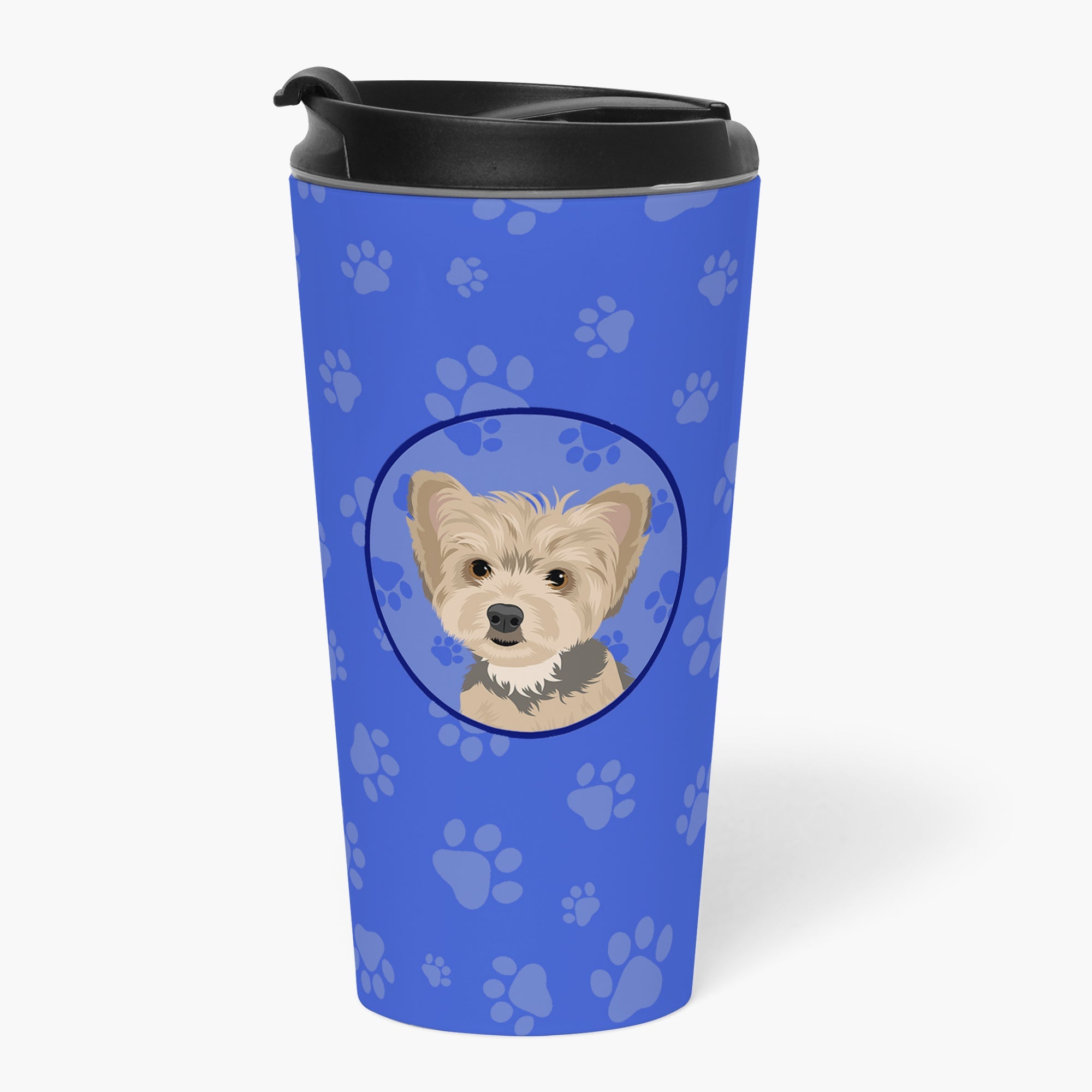 Yorkie Blue and Tan Puppy Stainless Steel 16 oz Tumbler Blue Insulated Tumbler with Lid, Cute Travel Cup for Coffee, Cocktails, Gift Men, Dad, Women, Mother