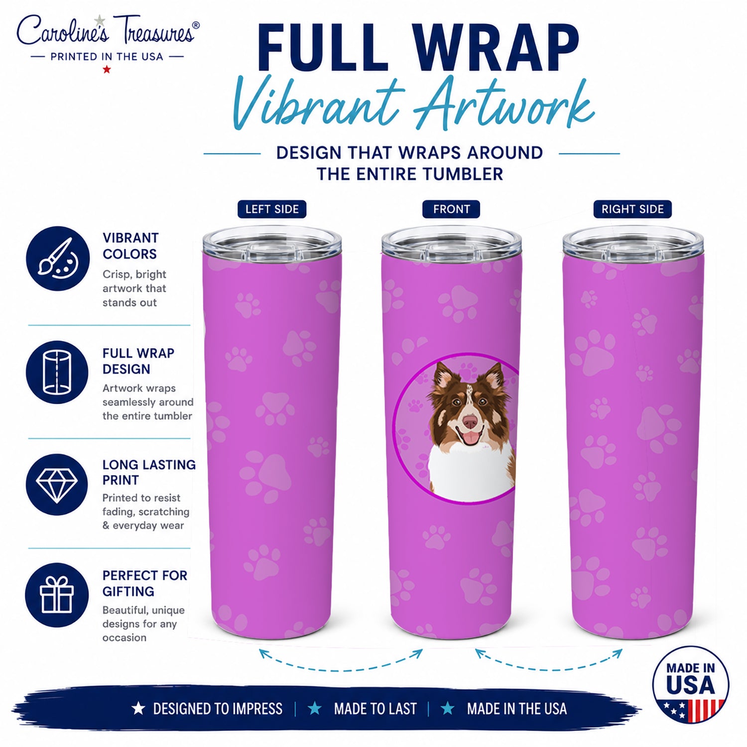 Australian Shepherd Red Tricolor #2 Stainless Steel Skinny Tumbler 20 oz Vacuum Double Walled Reusable Insulated Travel Cup