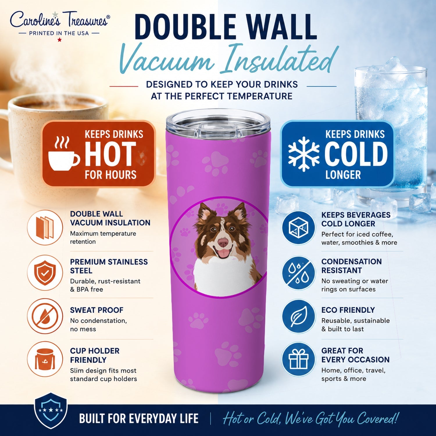 Australian Shepherd Red Tricolor #2 Stainless Steel Skinny Tumbler 20 oz Vacuum Double Walled Reusable Insulated Travel Cup