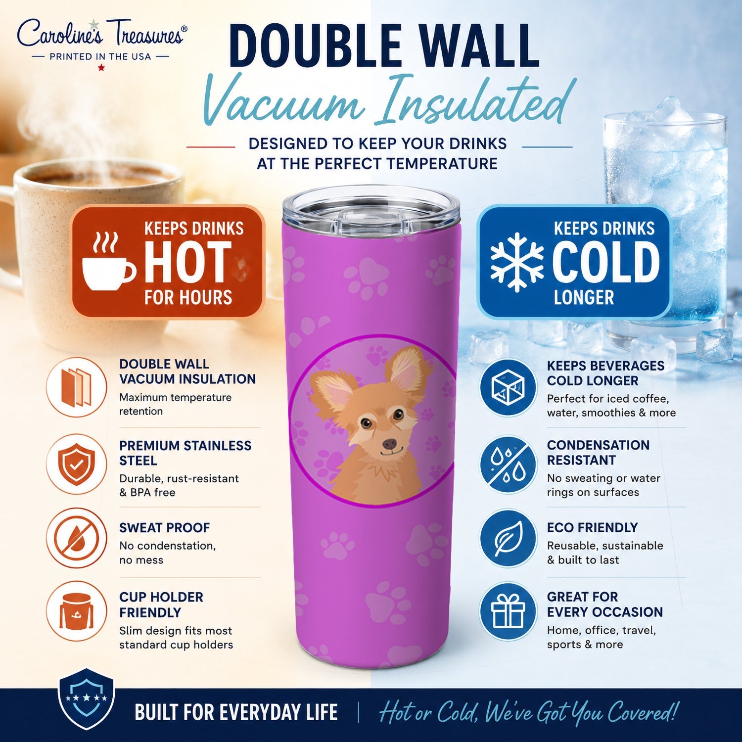 Chihuahua Fawn Stainless Steel Skinny Tumbler 20 oz Vacuum Double Walled Reusable Insulated Travel Cup