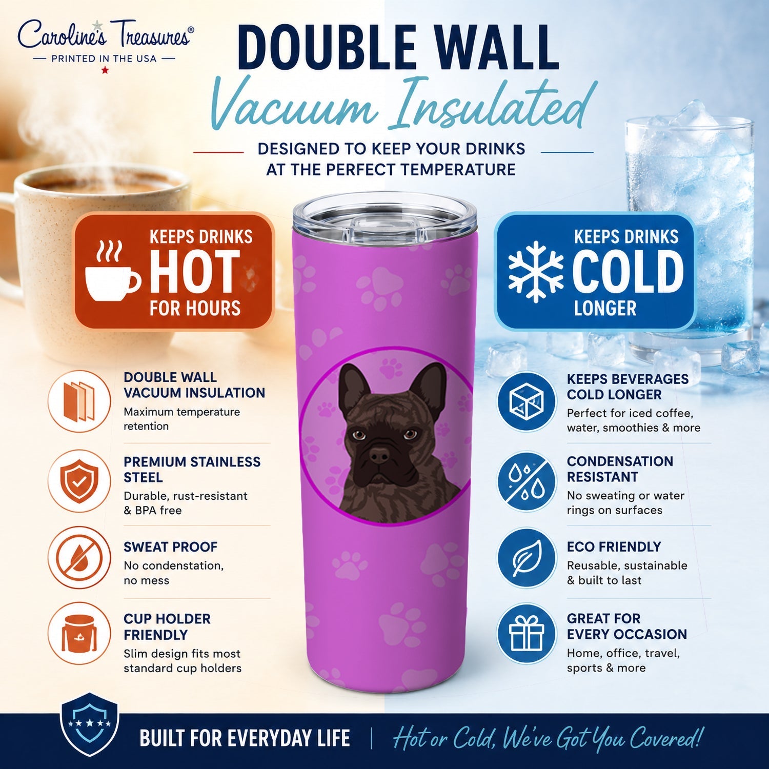 French Bulldog Brindle #1 Stainless Steel Skinny Tumbler 20 oz Vacuum Double Walled Reusable Insulated Travel Cup