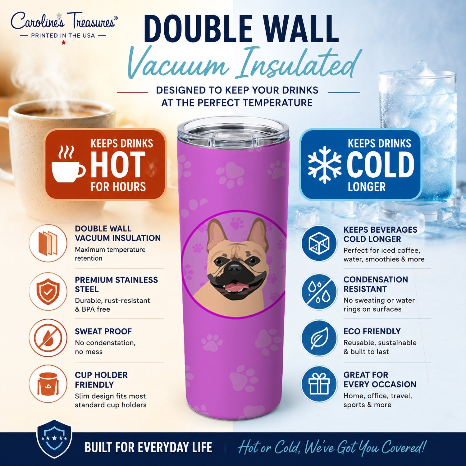 French Bulldog Fawn #2 Stainless Steel Skinny Tumbler 20 oz Vacuum Double Walled Reusable Insulated Travel Cup