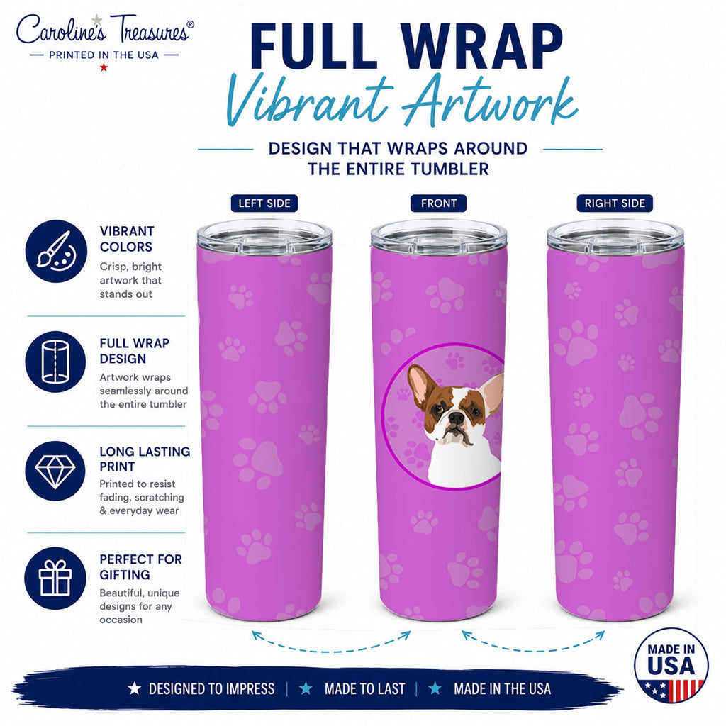 French Bulldog White #2 Stainless Steel Skinny Tumbler 20 oz Vacuum Double Walled Reusable Insulated Travel Cup