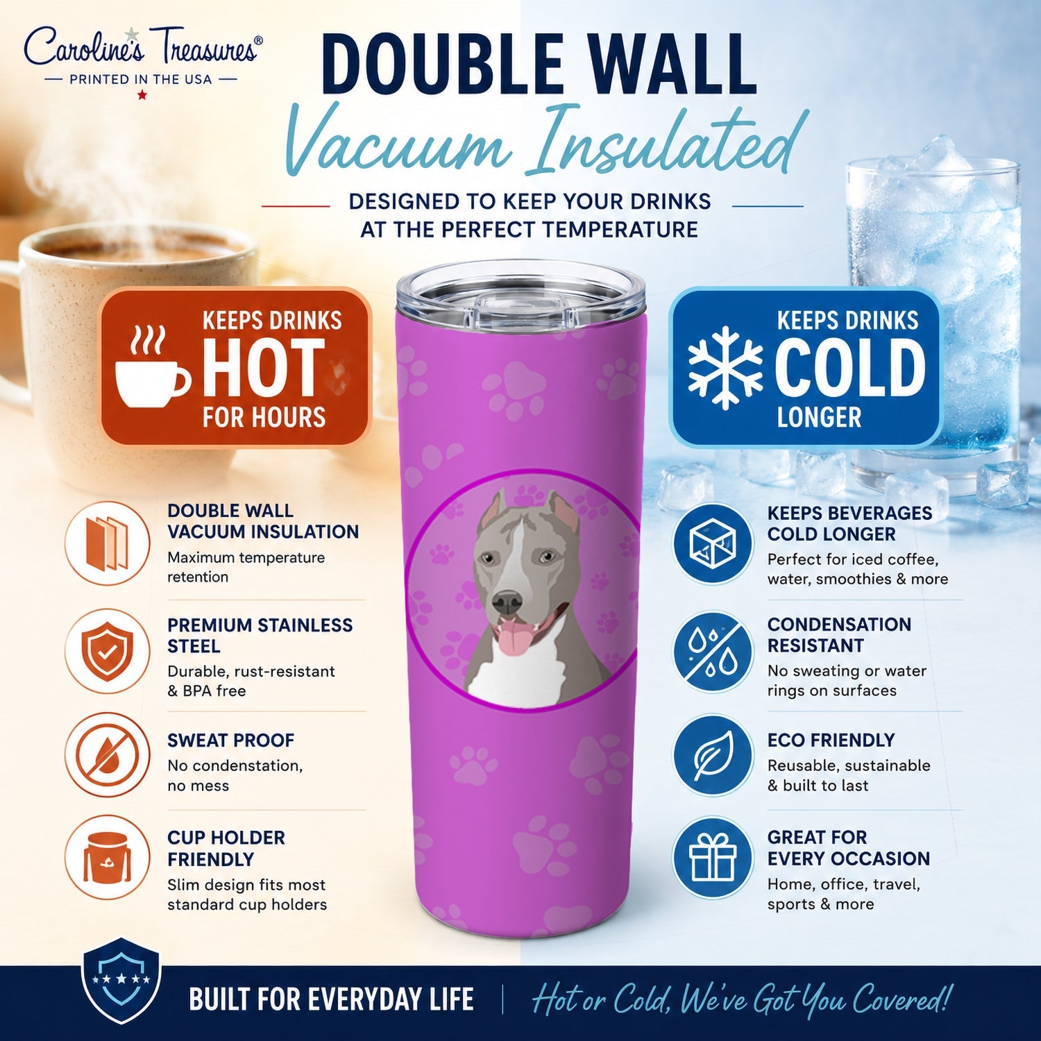 Pit Bull Blue #5 Stainless Steel Skinny Tumbler 20 oz Vacuum Double Walled Reusable Insulated Travel Cup