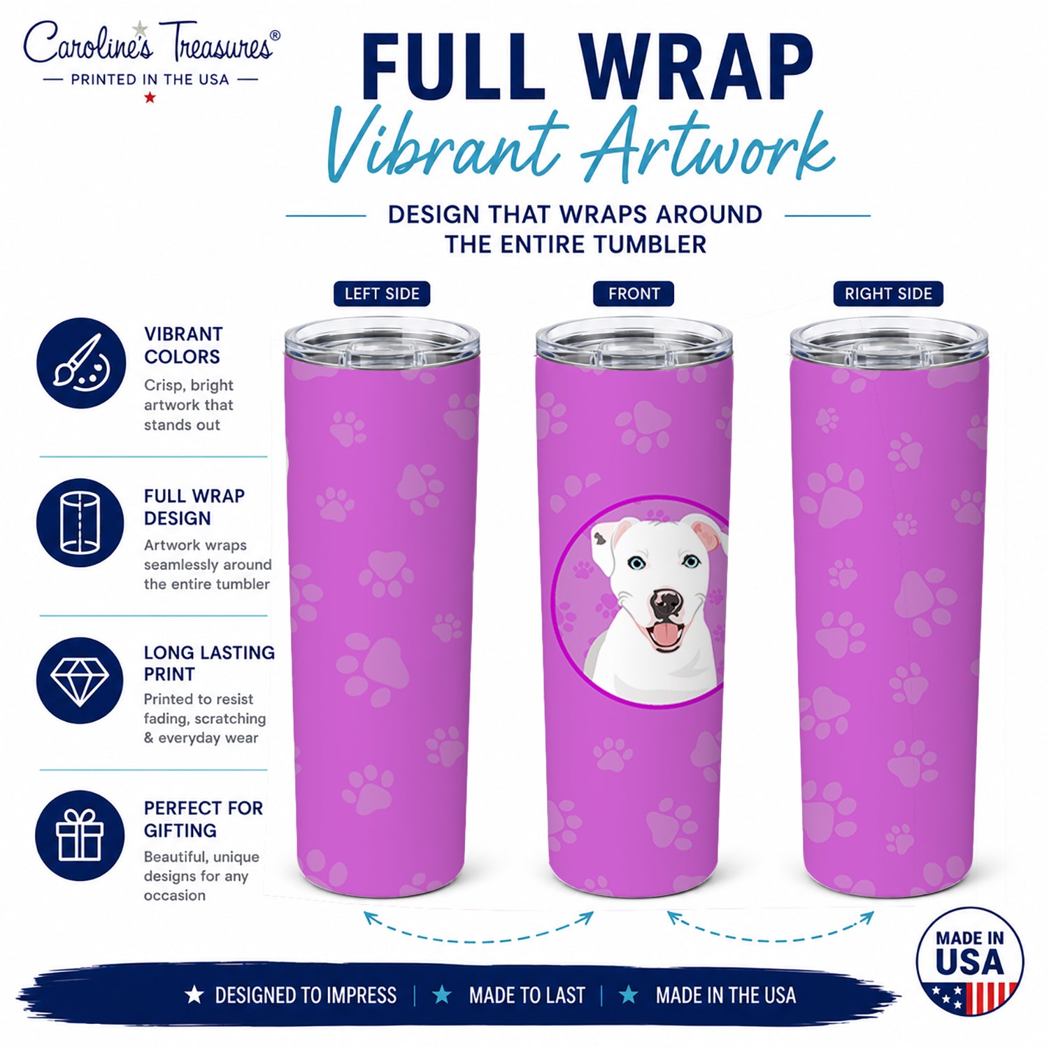 Pit Bull White #1 Stainless Steel Skinny Tumbler 20 oz Vacuum Double Walled Reusable Insulated Travel Cup