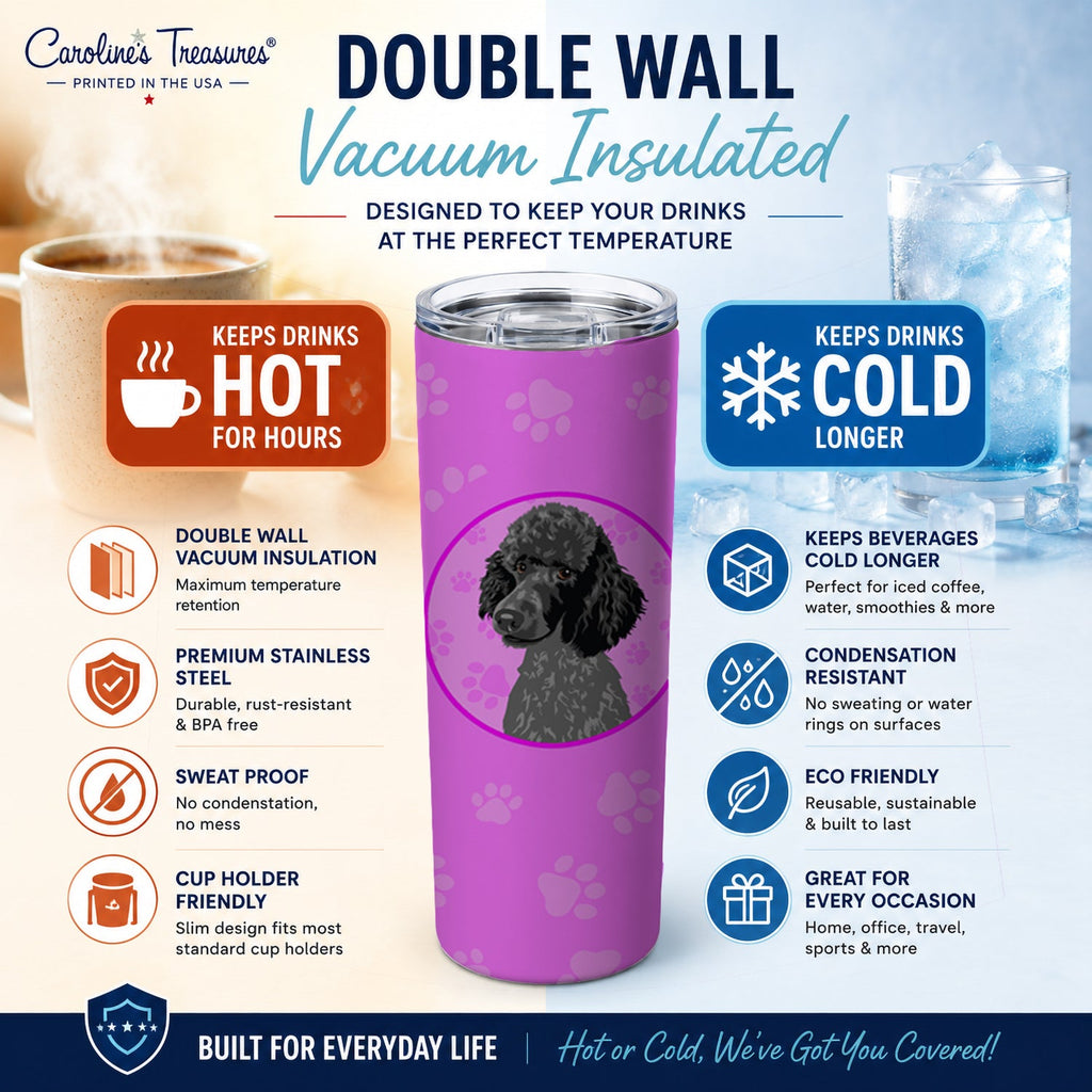 Poodle Standard Black Stainless Steel Skinny Tumbler 20 oz Vacuum Double Walled Reusable Insulated Travel Cup