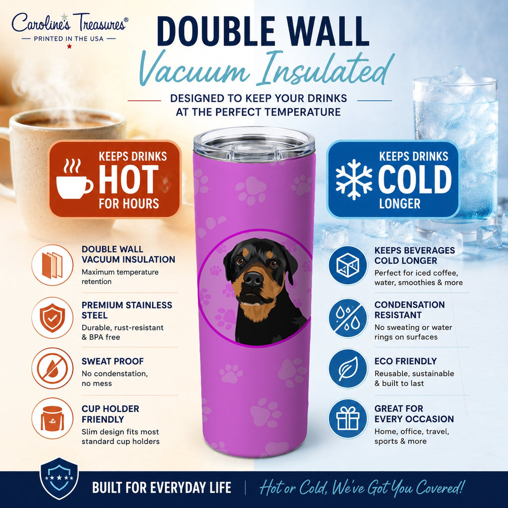 Rottweiler Black and Rust Stainless Steel Skinny Tumbler 20 oz Vacuum Double Walled Reusable Insulated Travel Cup
