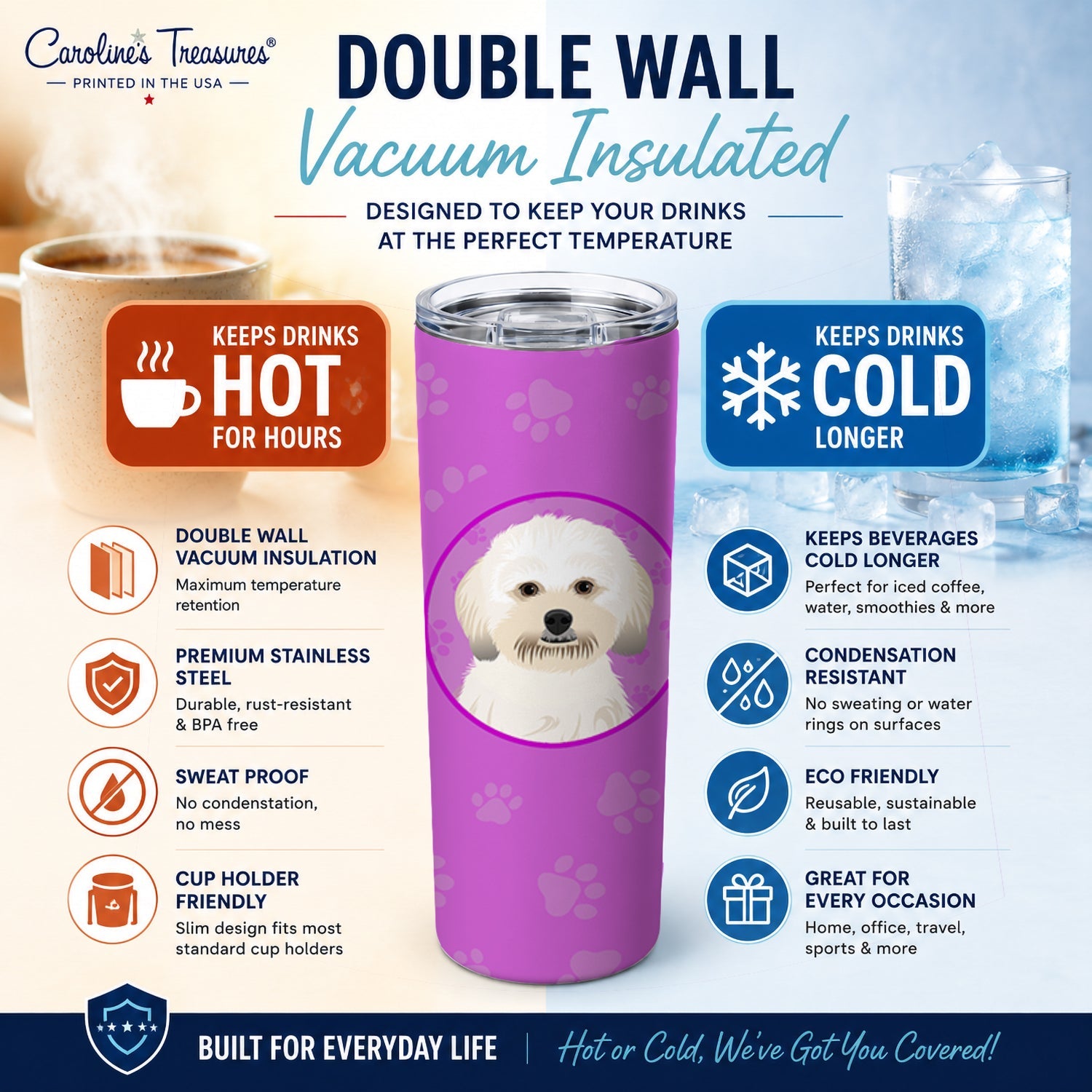 Shih-Tzu Gold #5 Stainless Steel Skinny Tumbler 20 oz Vacuum Double Walled Reusable Insulated Travel Cup