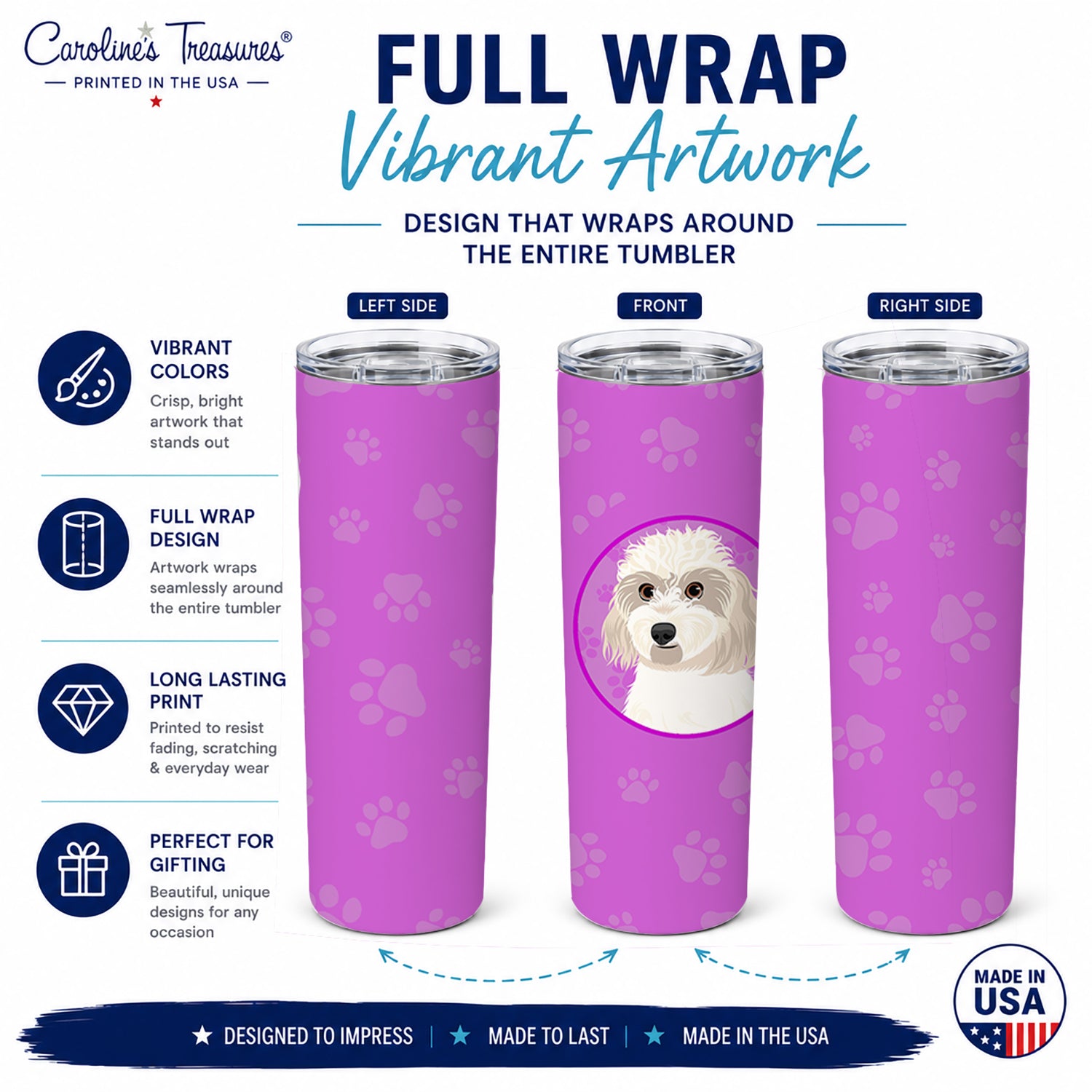 Shih-Tzu Gold #7 Stainless Steel Skinny Tumbler 20 oz Vacuum Double Walled Reusable Insulated Travel Cup