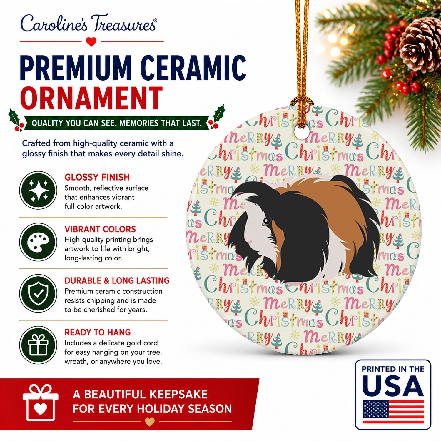 Sheba Guinea Pig Christmas Ceramic Ornament Christmas Tree Hanging Decorations for Home Christmas Holiday, Party, Gift, 3 in, Multicolor