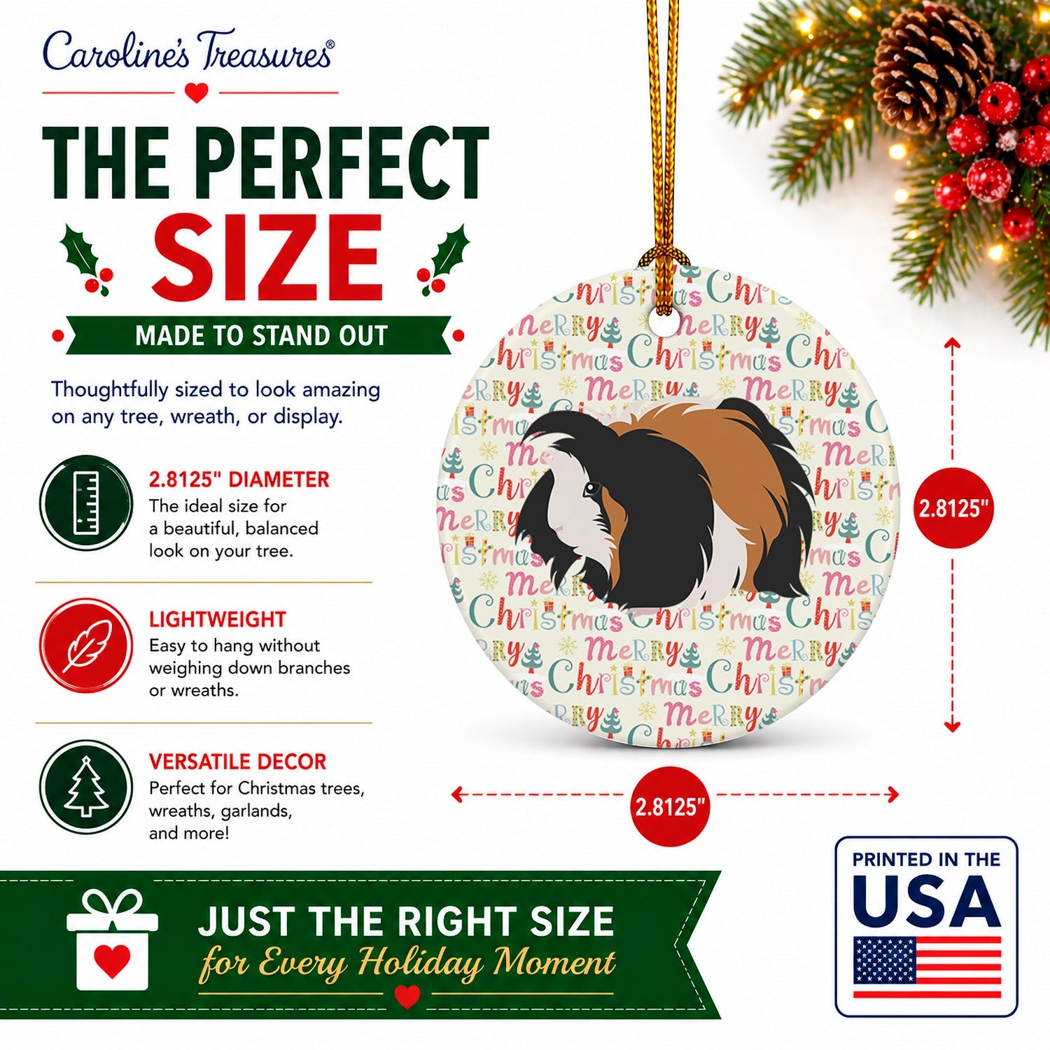 Sheba Guinea Pig Christmas Ceramic Ornament Christmas Tree Hanging Decorations for Home Christmas Holiday, Party, Gift, 3 in, Multicolor