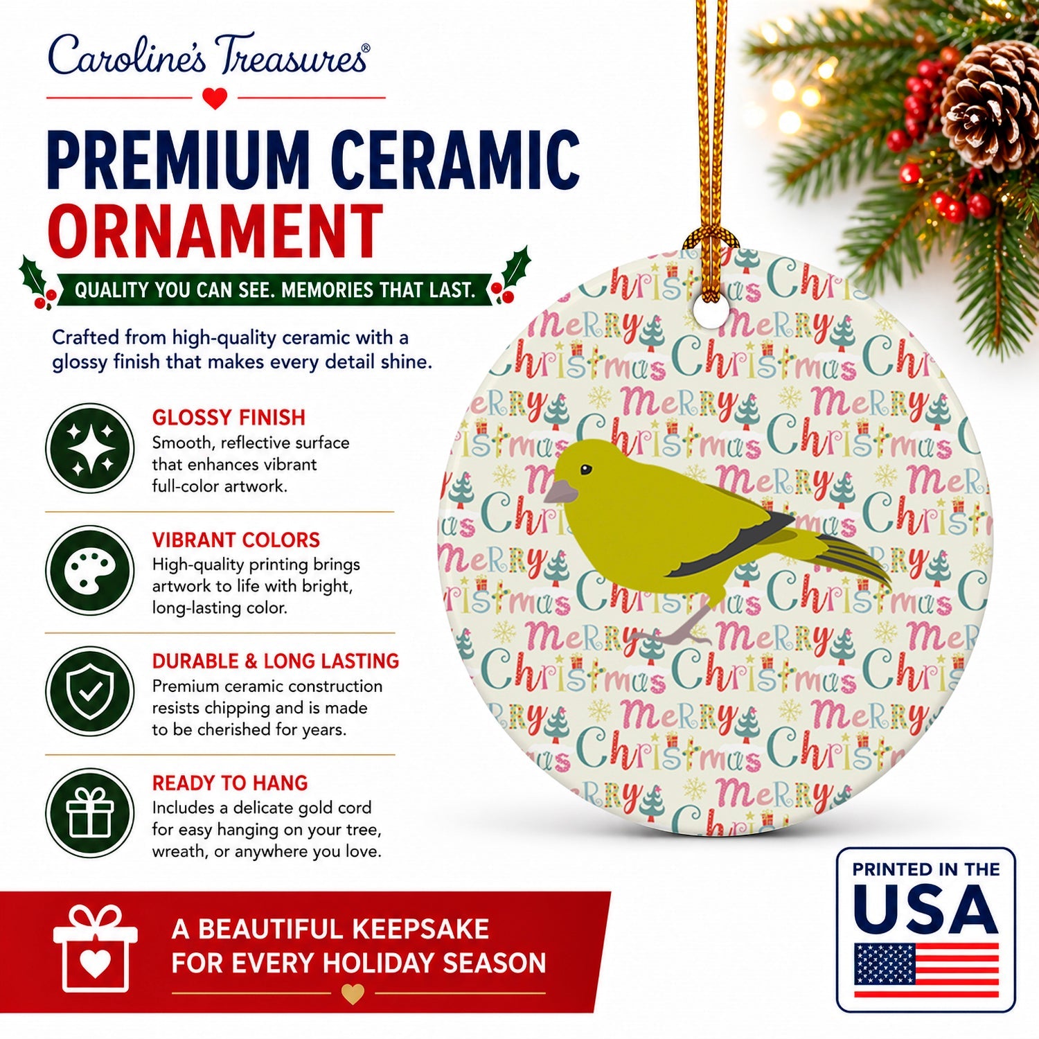 London Canary Christmas Ceramic Ornament Christmas Tree Hanging Decorations for Home Christmas Holiday, Party, Gift, 3 in, Multicolor