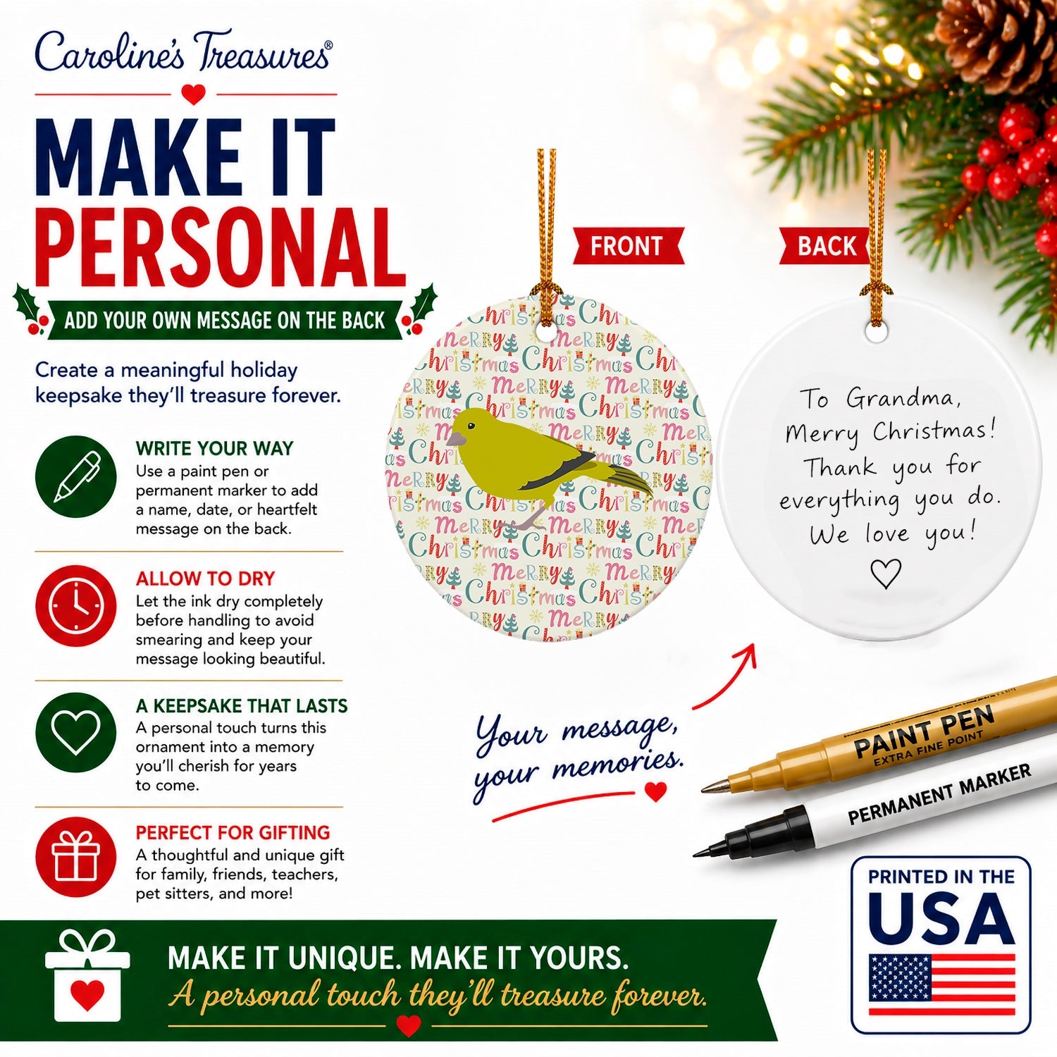 London Canary Christmas Ceramic Ornament Christmas Tree Hanging Decorations for Home Christmas Holiday, Party, Gift, 3 in, Multicolor