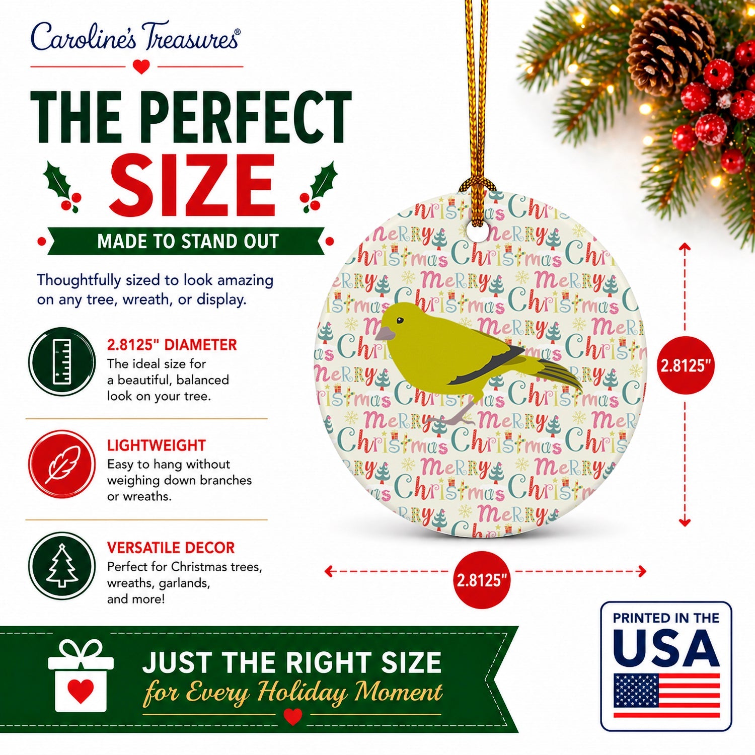 London Canary Christmas Ceramic Ornament Christmas Tree Hanging Decorations for Home Christmas Holiday, Party, Gift, 3 in, Multicolor