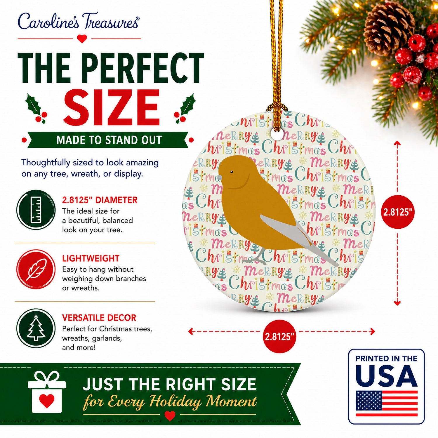 Norwich Canary Christmas Ceramic Ornament Christmas Tree Hanging Decorations for Home Christmas Holiday, Party, Gift, 3 in, Multicolor