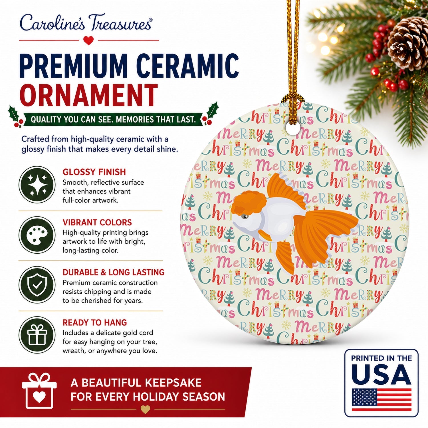 Oranda Red Cap Goldfish Christmas Ceramic Ornament Christmas Tree Hanging Decorations for Home Christmas Holiday, Party, Gift, 3 in, Multicolor