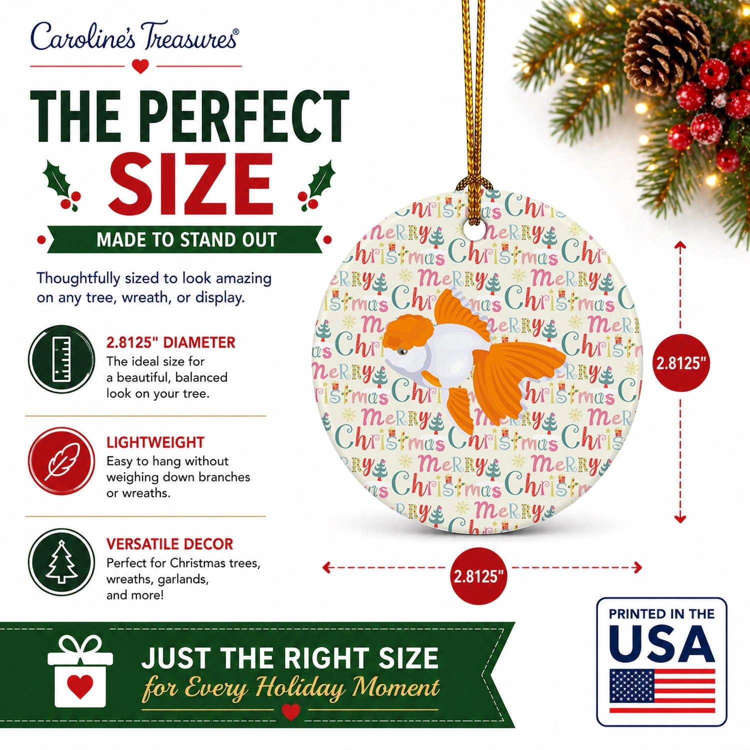 Oranda Red Cap Goldfish Christmas Ceramic Ornament Christmas Tree Hanging Decorations for Home Christmas Holiday, Party, Gift, 3 in, Multicolor