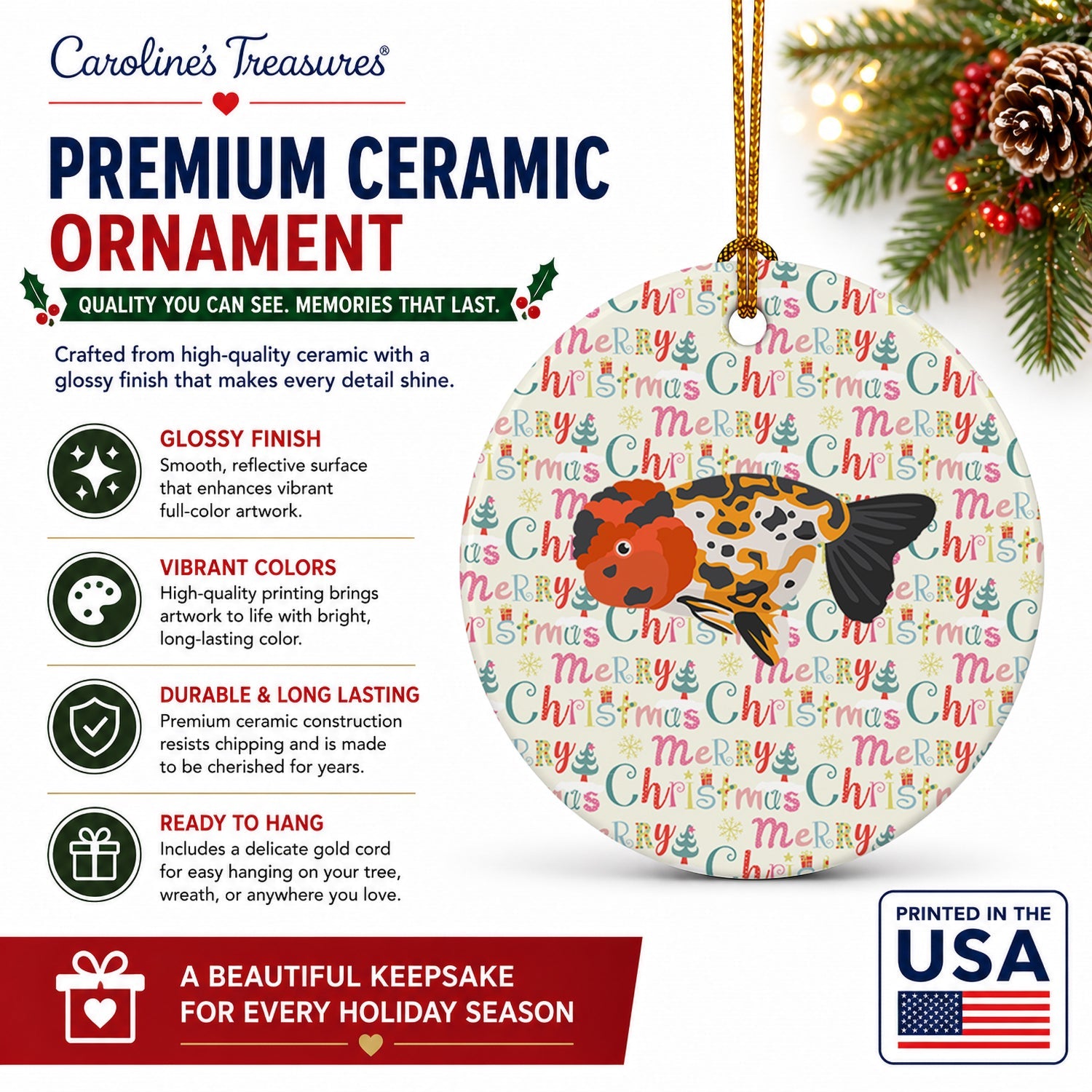 Ranchu Goldfish Christmas Ceramic Ornament Christmas Tree Hanging Decorations for Home Christmas Holiday, Party, Gift, 3 in, Multicolor