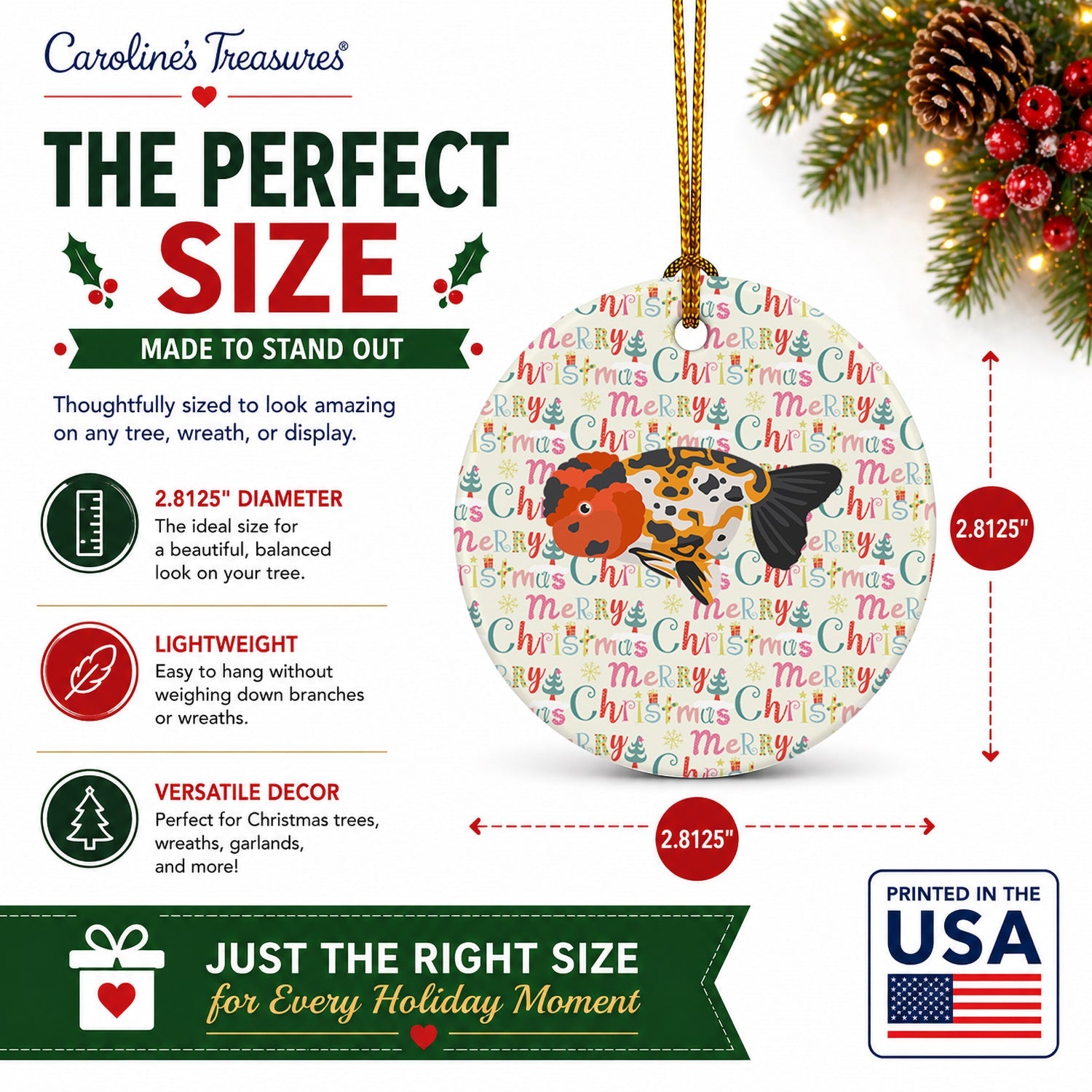 Ranchu Goldfish Christmas Ceramic Ornament Christmas Tree Hanging Decorations for Home Christmas Holiday, Party, Gift, 3 in, Multicolor