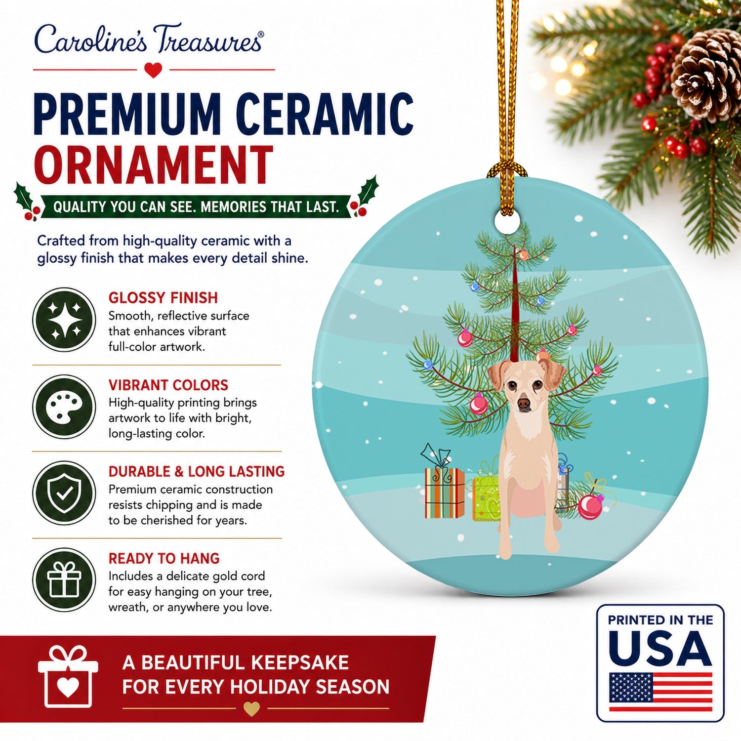 Chihuahua Cream Christmas Ceramic Ornament Christmas Tree Hanging Decorations for Home Christmas Holiday, Party, Gift, 3 in, Multicolor