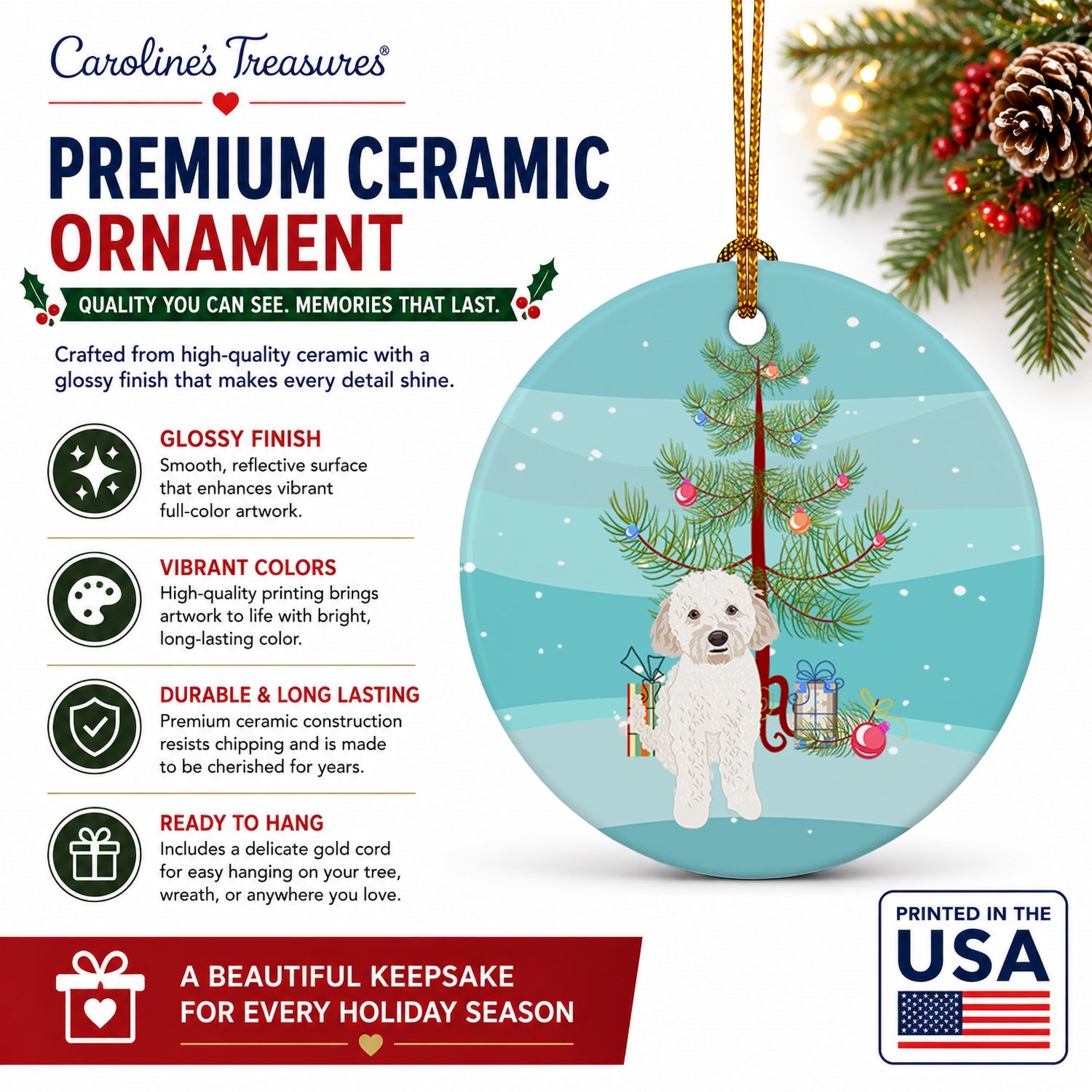 Doodle Cream #4 Christmas Ceramic Ornament Christmas Tree Hanging Decorations for Home Christmas Holiday, Party, Gift, 3 in, Multicolor