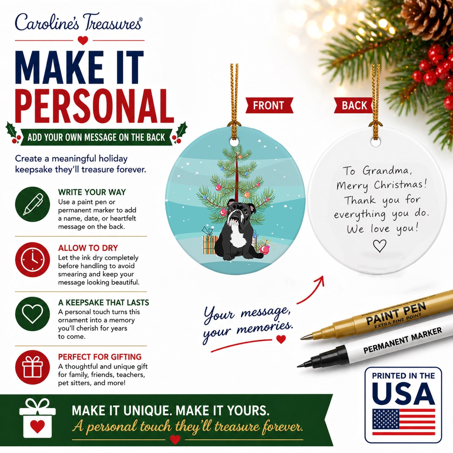 English Bulldog Black and White Christmas Ceramic Ornament Christmas Tree Hanging Decorations for Home Christmas Holiday, Party, Gift, 3 in, Multicolor