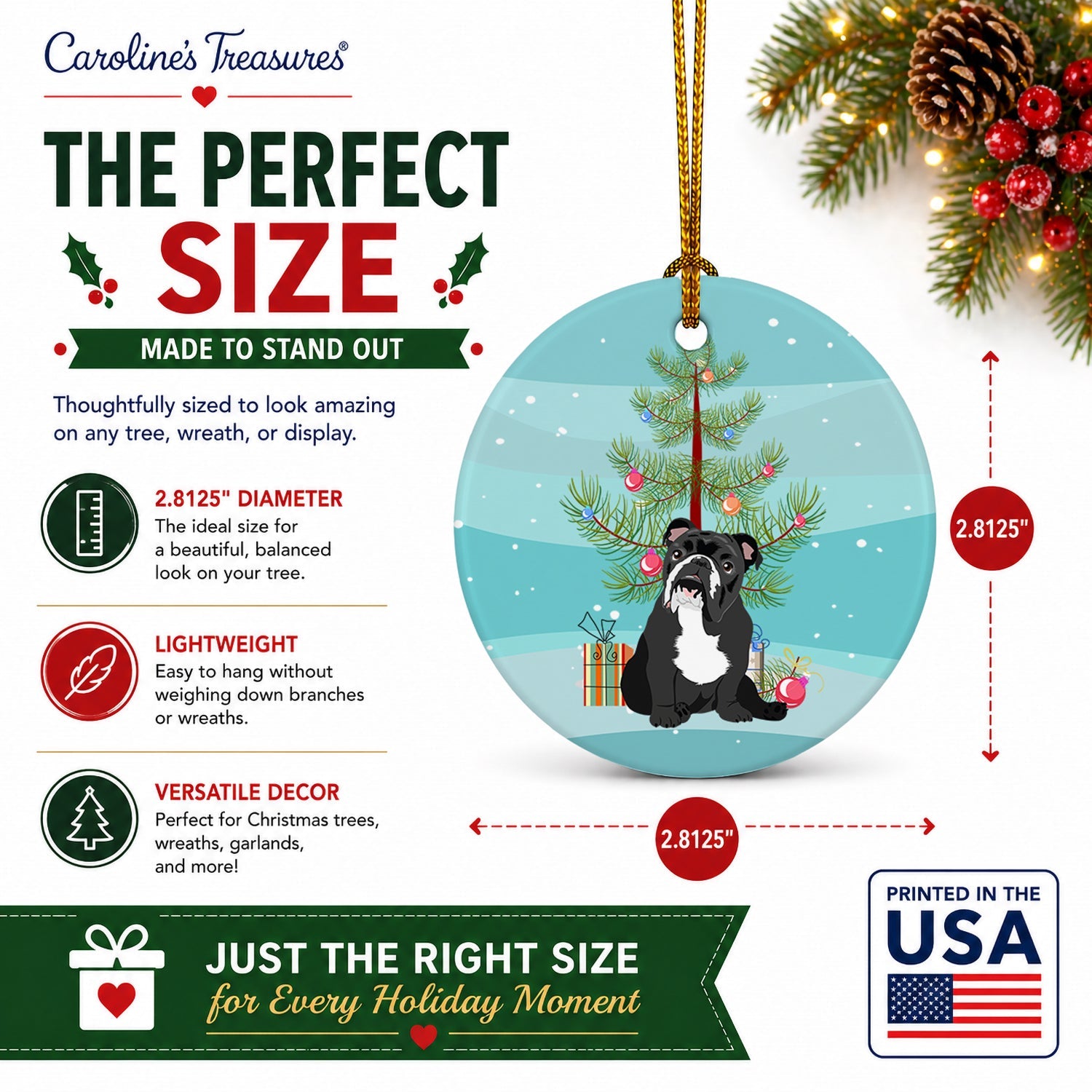 English Bulldog Black and White Christmas Ceramic Ornament Christmas Tree Hanging Decorations for Home Christmas Holiday, Party, Gift, 3 in, Multicolor