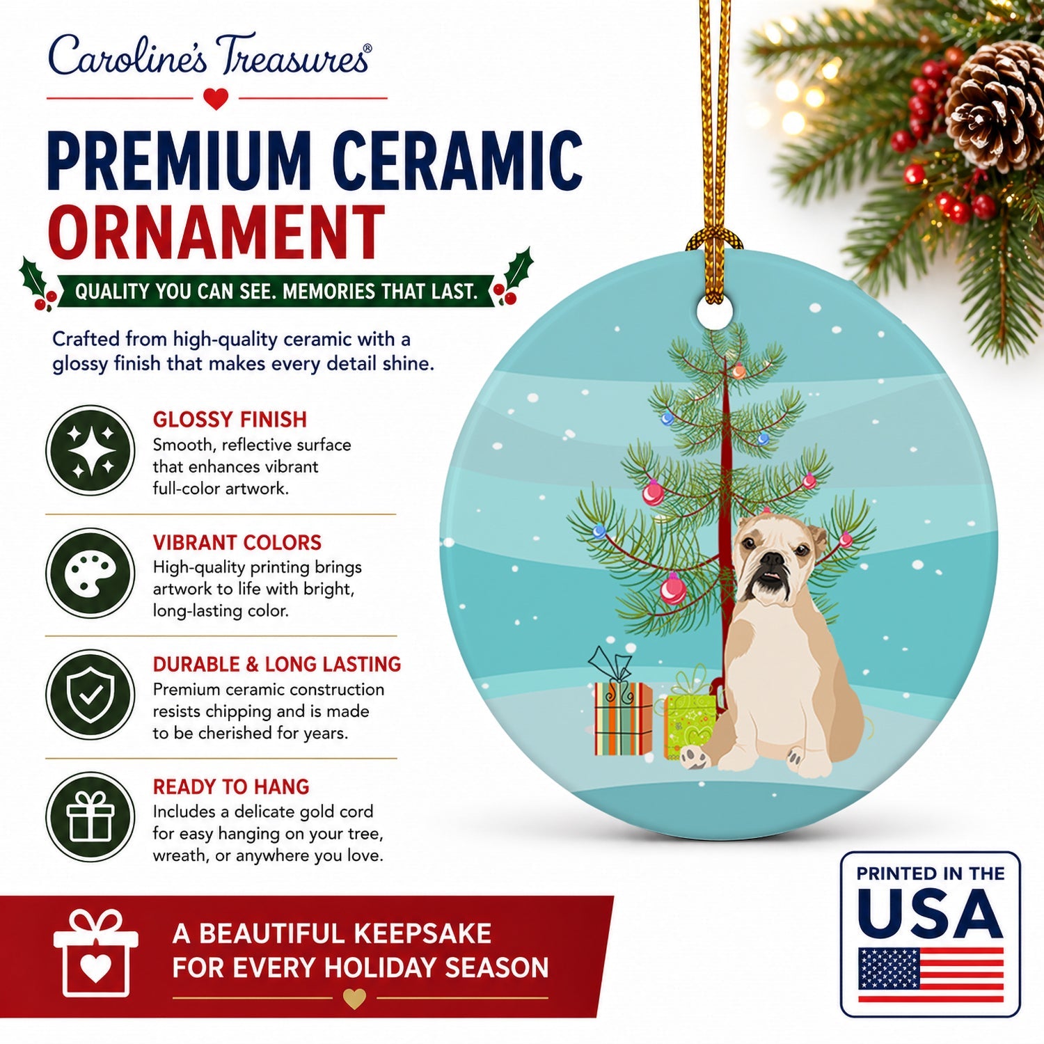 English Bulldog Fawn Puppy Christmas Ceramic Ornament Christmas Tree Hanging Decorations for Home Christmas Holiday, Party, Gift, 3 in, Multicolor