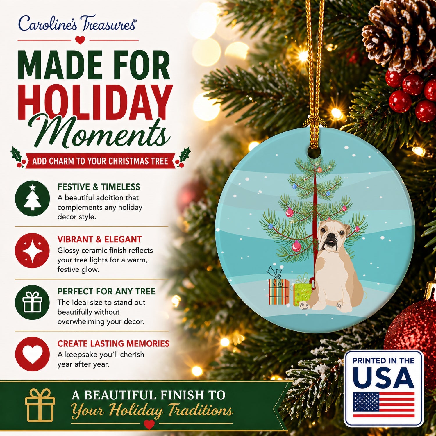 English Bulldog Fawn Puppy Christmas Ceramic Ornament Christmas Tree Hanging Decorations for Home Christmas Holiday, Party, Gift, 3 in, Multicolor
