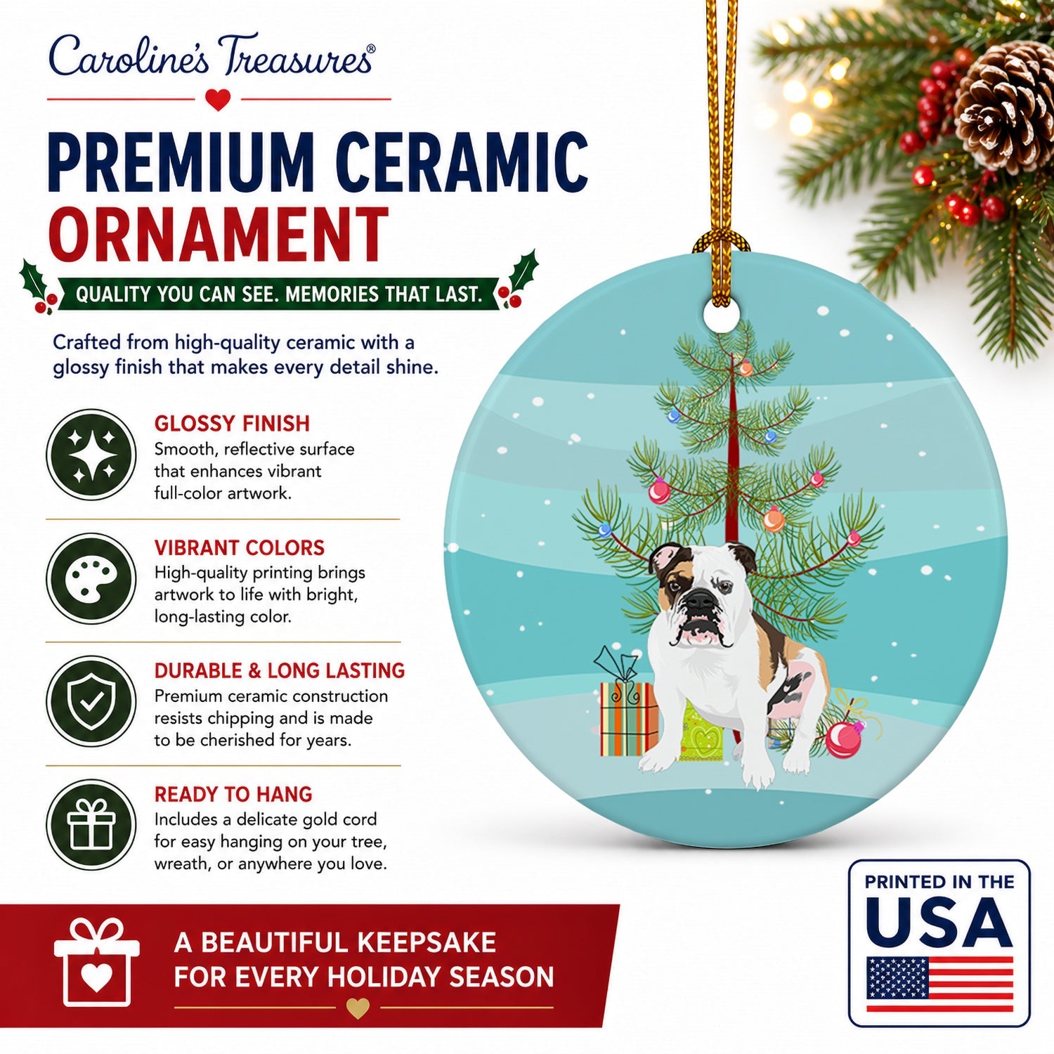 English Bulldog Tricolor #3 Christmas Ceramic Ornament Christmas Tree Hanging Decorations for Home Christmas Holiday, Party, Gift, 3 in, Multicolor