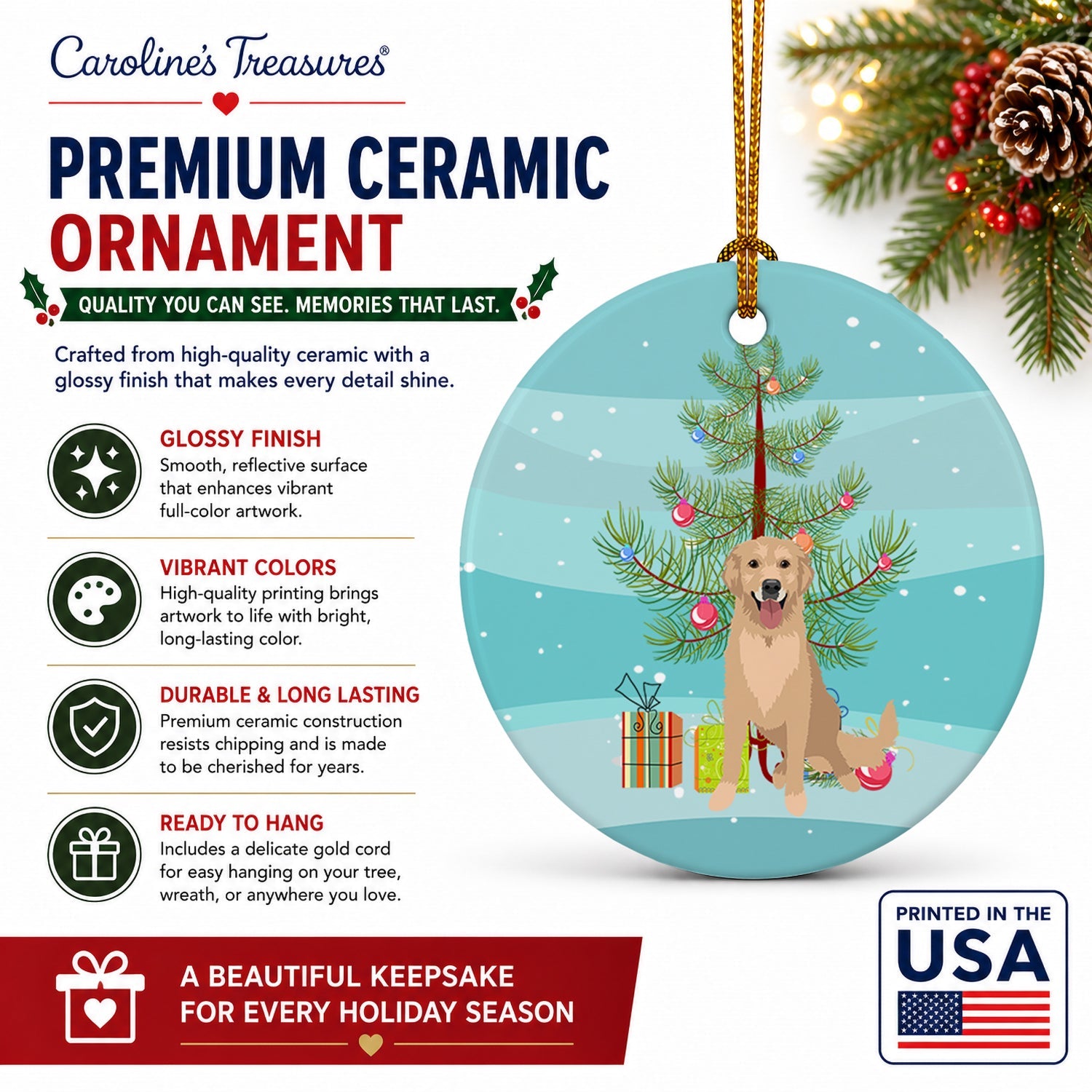 Golden Retriever Fawn #3 Christmas Ceramic Ornament Christmas Tree Hanging Decorations for Home Christmas Holiday, Party, Gift, 3 in, Multicolor