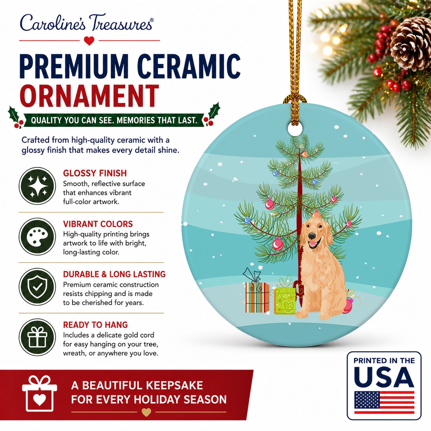 Golden Retriever Gold #1 Christmas Ceramic Ornament Christmas Tree Hanging Decorations for Home Christmas Holiday, Party, Gift, 3 in, Multicolor