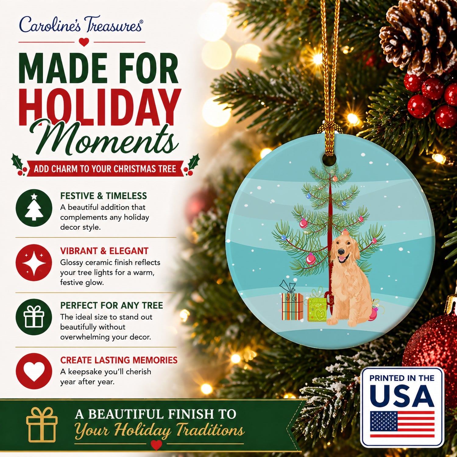 Golden Retriever Gold #1 Christmas Ceramic Ornament Christmas Tree Hanging Decorations for Home Christmas Holiday, Party, Gift, 3 in, Multicolor