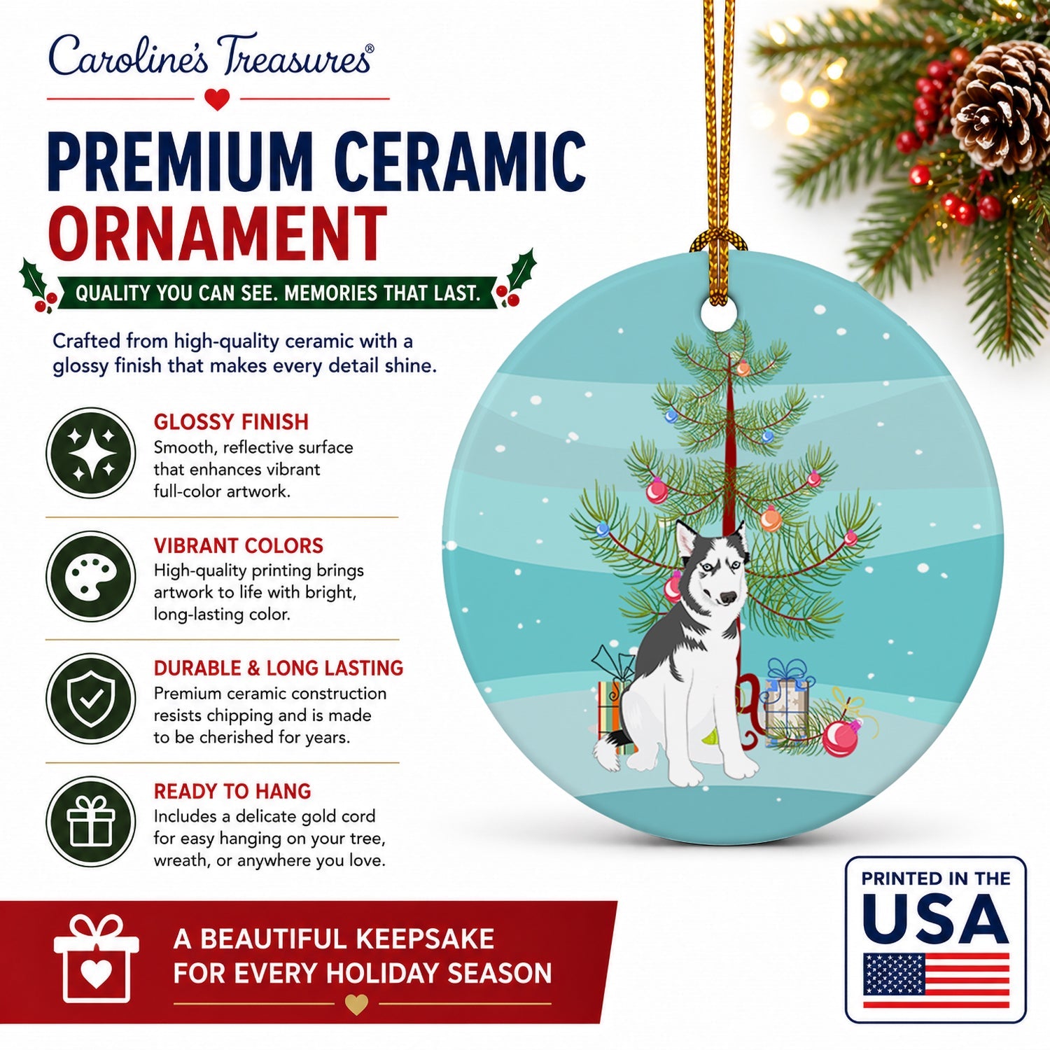 Siberian Husky Silver and White #2 Christmas Ceramic Ornament Christmas Tree Hanging Decorations for Home Christmas Holiday, Party, Gift, 3 in, Multicolor