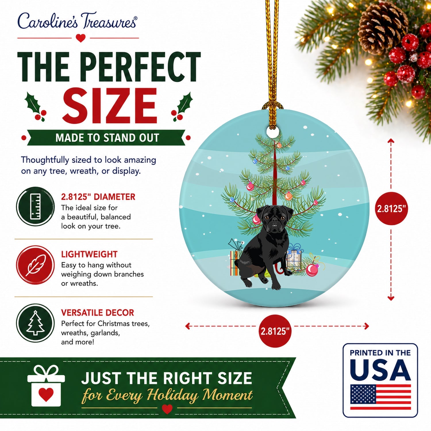 Pug Black #2 Christmas Ceramic Ornament Christmas Tree Hanging Decorations for Home Christmas Holiday, Party, Gift, 3 in, Multicolor