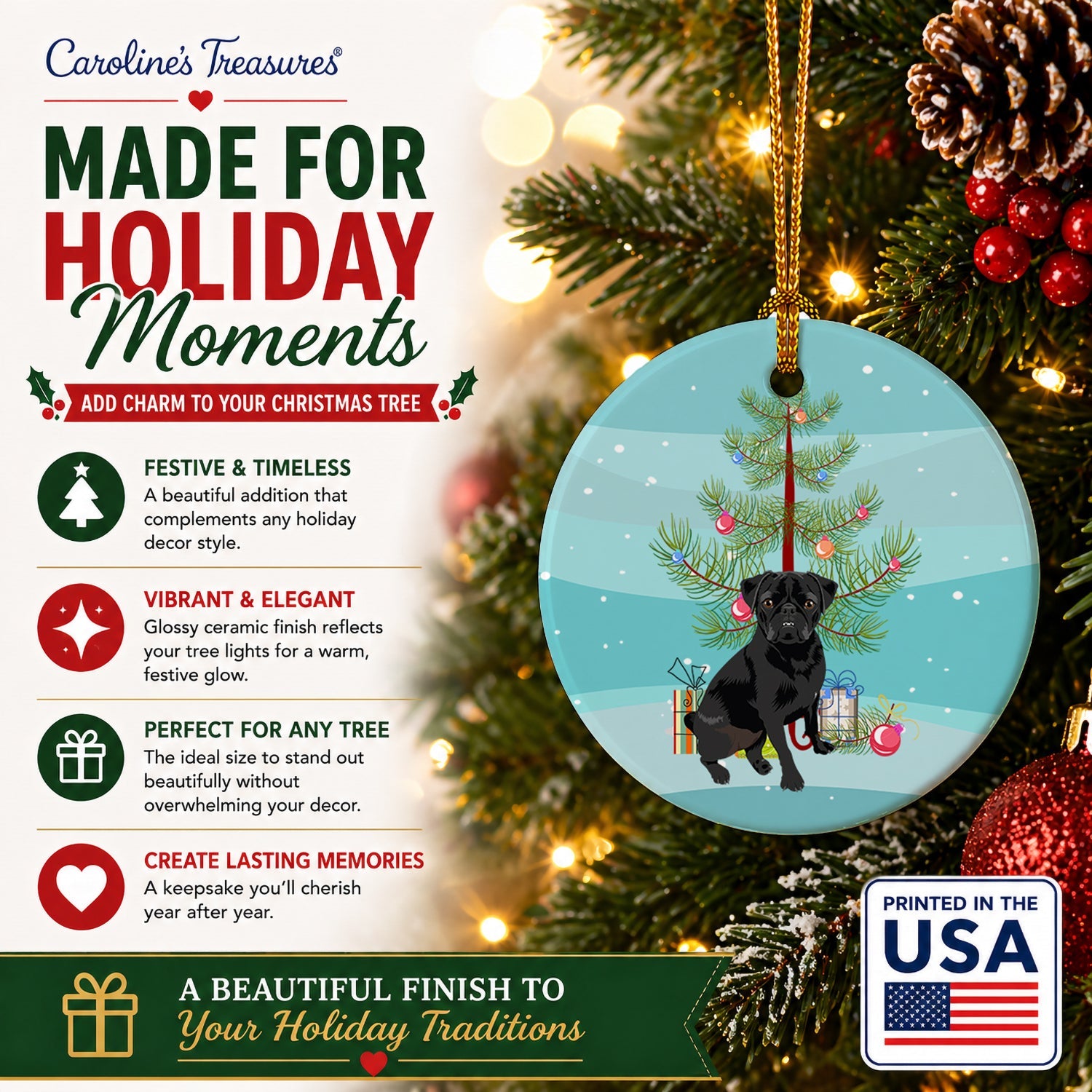 Pug Black #2 Christmas Ceramic Ornament Christmas Tree Hanging Decorations for Home Christmas Holiday, Party, Gift, 3 in, Multicolor