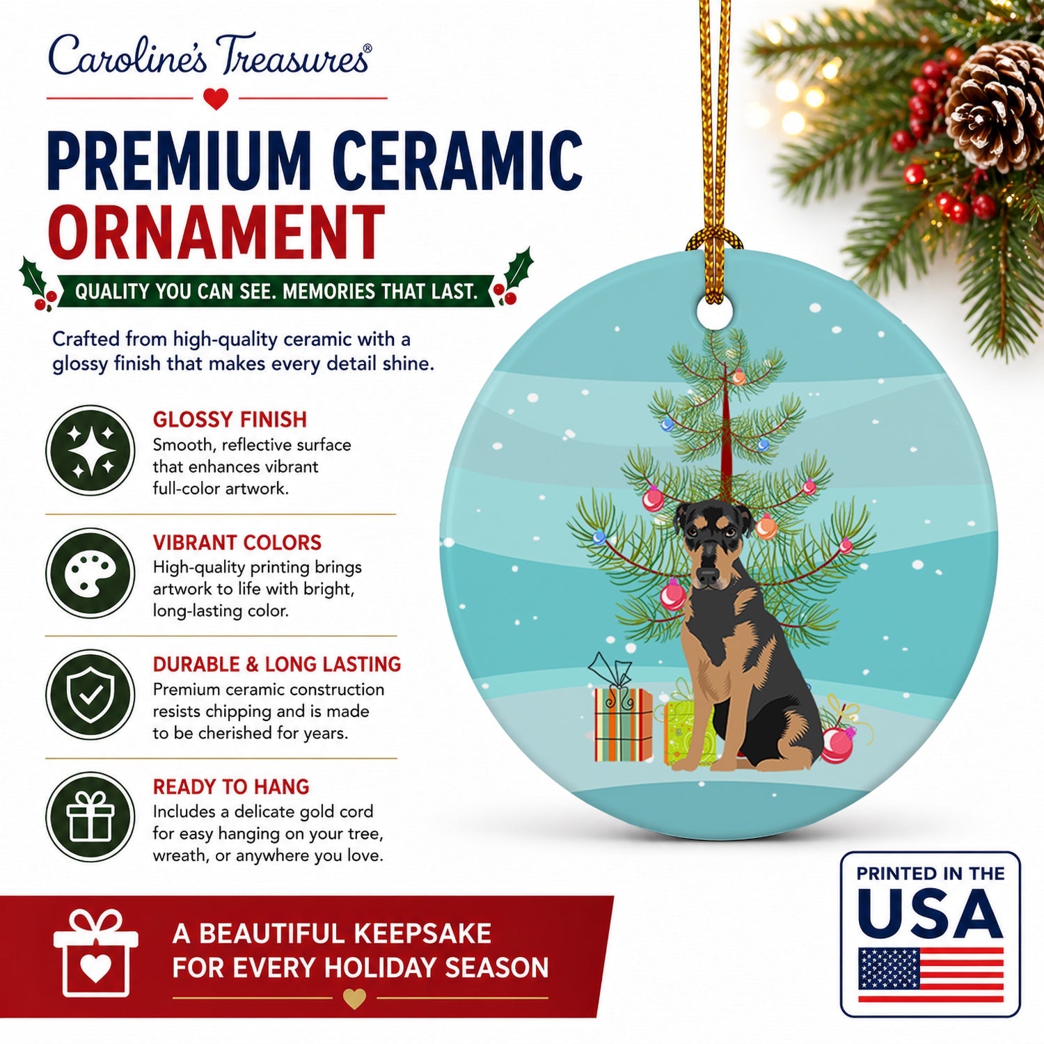 Rottweiler Black and Tan #2 Christmas Ceramic Ornament Christmas Tree Hanging Decorations for Home Christmas Holiday, Party, Gift, 3 in, Multicolor