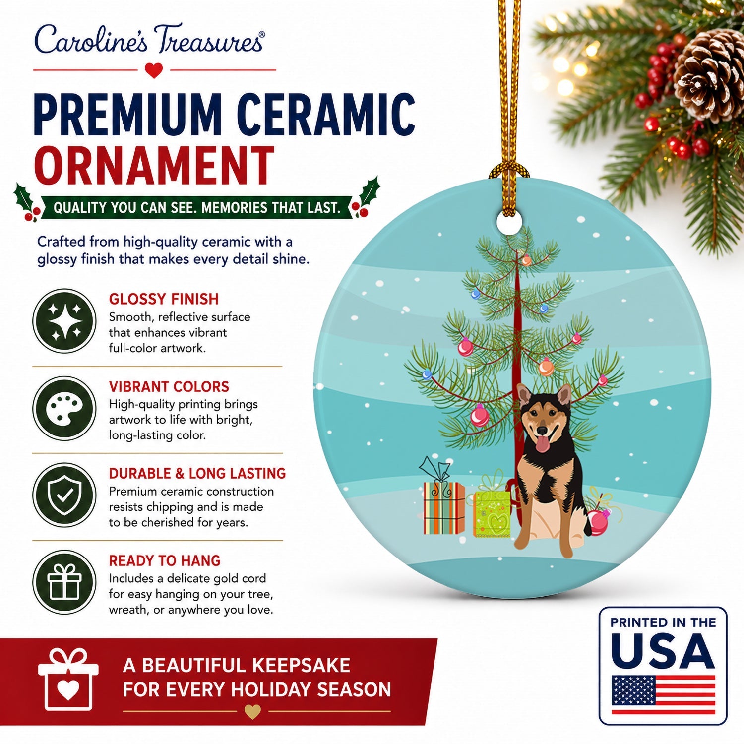 Shiba Inu Black and Tan Christmas Ceramic Ornament Christmas Tree Hanging Decorations for Home Christmas Holiday, Party, Gift, 3 in, Multicolor