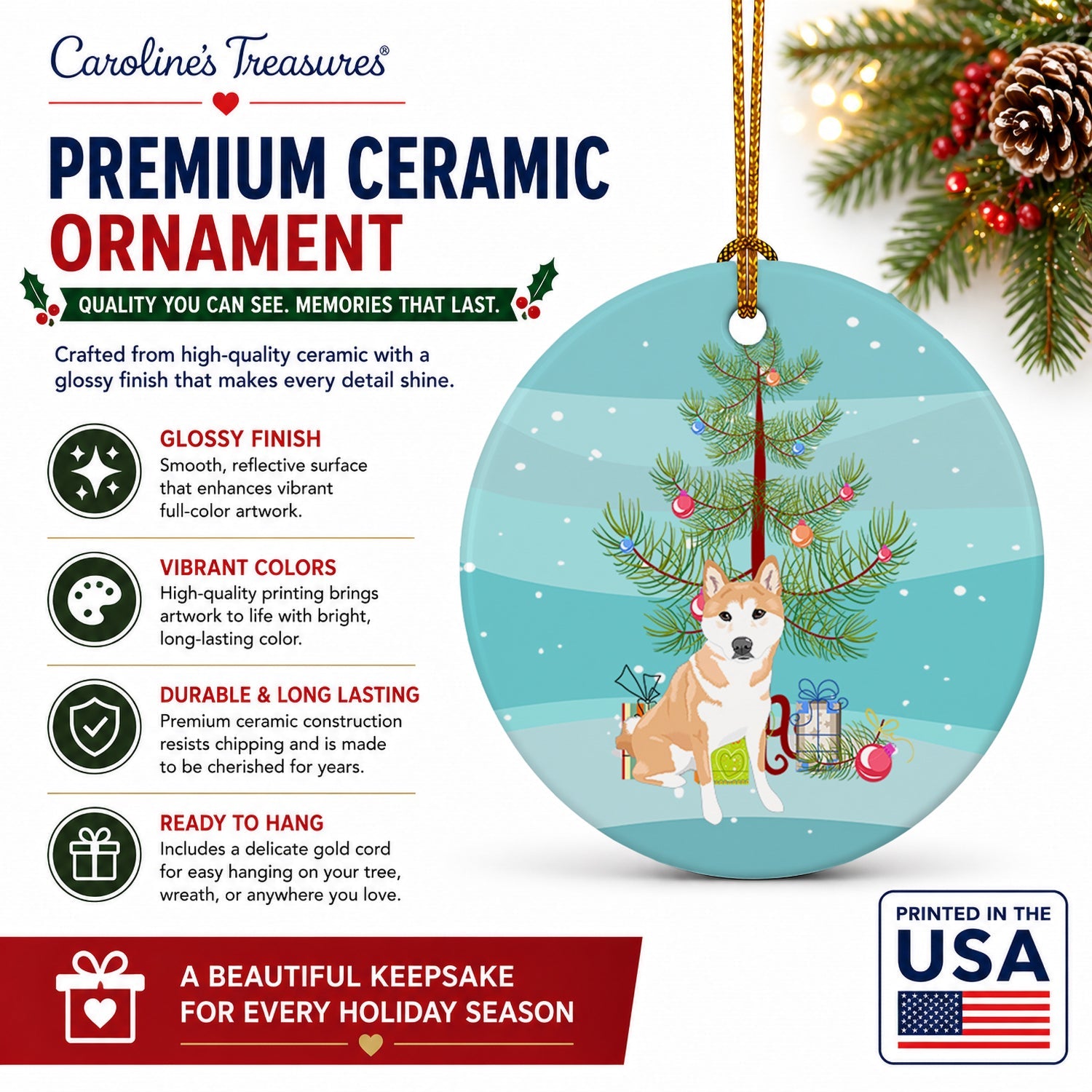 Shiba Inu Red #2 Christmas Ceramic Ornament Christmas Tree Hanging Decorations for Home Christmas Holiday, Party, Gift, 3 in, Multicolor