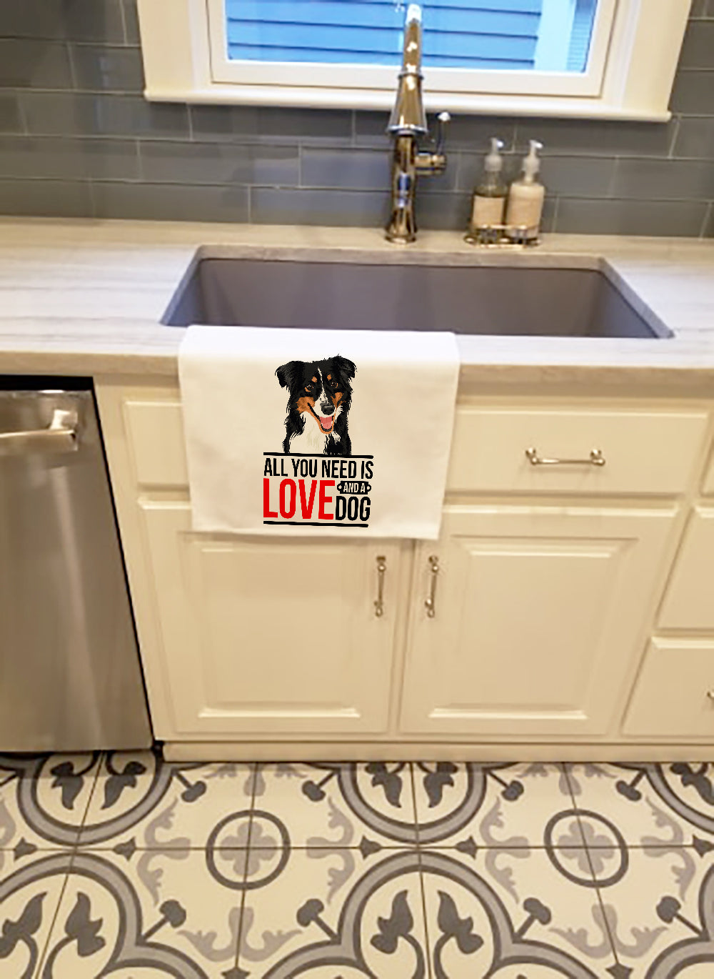 Australian Shepherd Black Tricolor #3  Kitchen Towel Set of 2 White Dish Towels Decorative Bathroom Hand towel for Hand, Face, Hair, Yoga, Tea, Dishcloth, 19 X 28", White