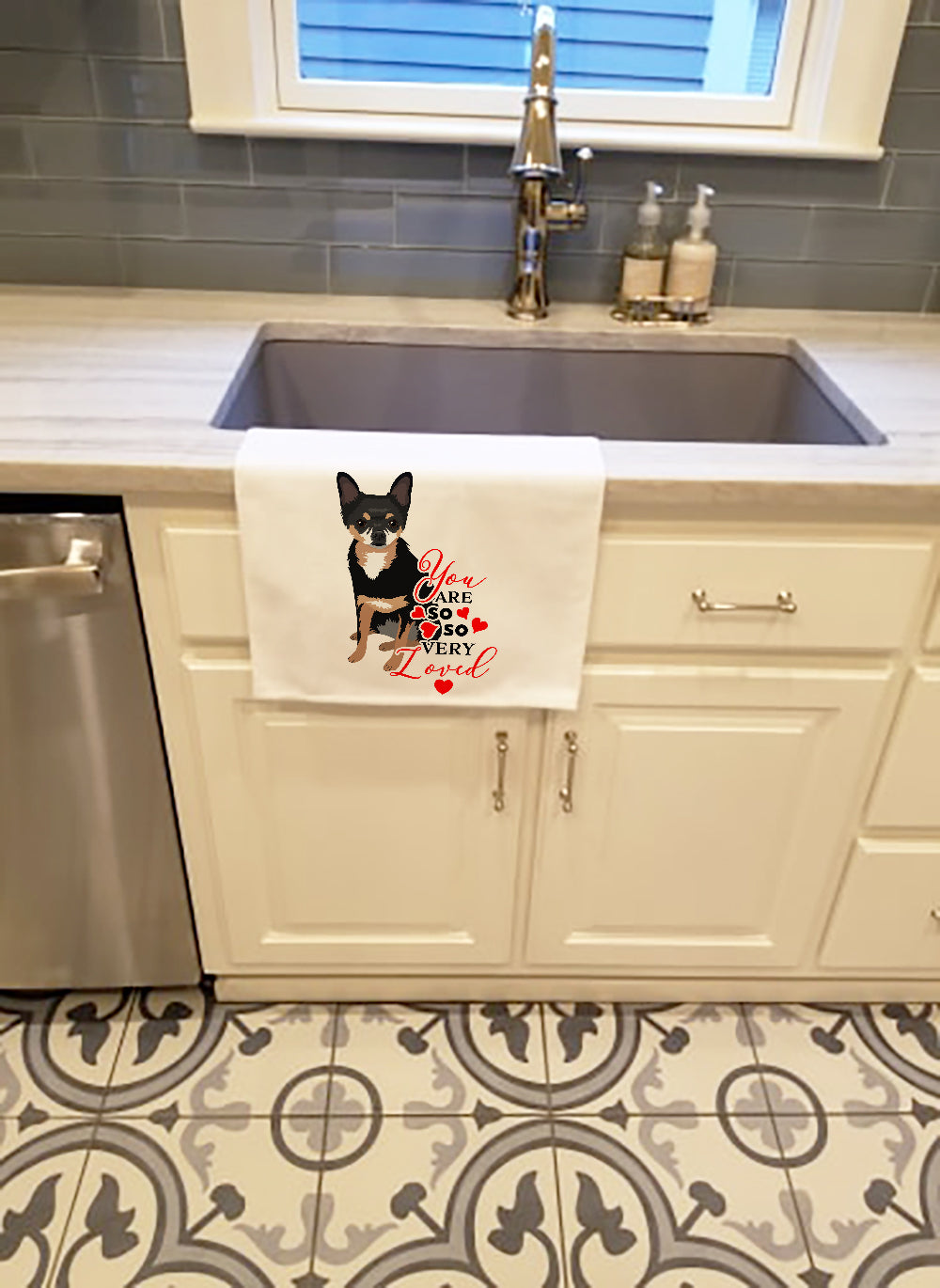 Chihuahua Tricolor #2 so Loved Kitchen Towel Set of 2 White Dish Towels Decorative Bathroom Hand towel for Hand, Face, Hair, Yoga, Tea, Dishcloth, 19 X 28", White