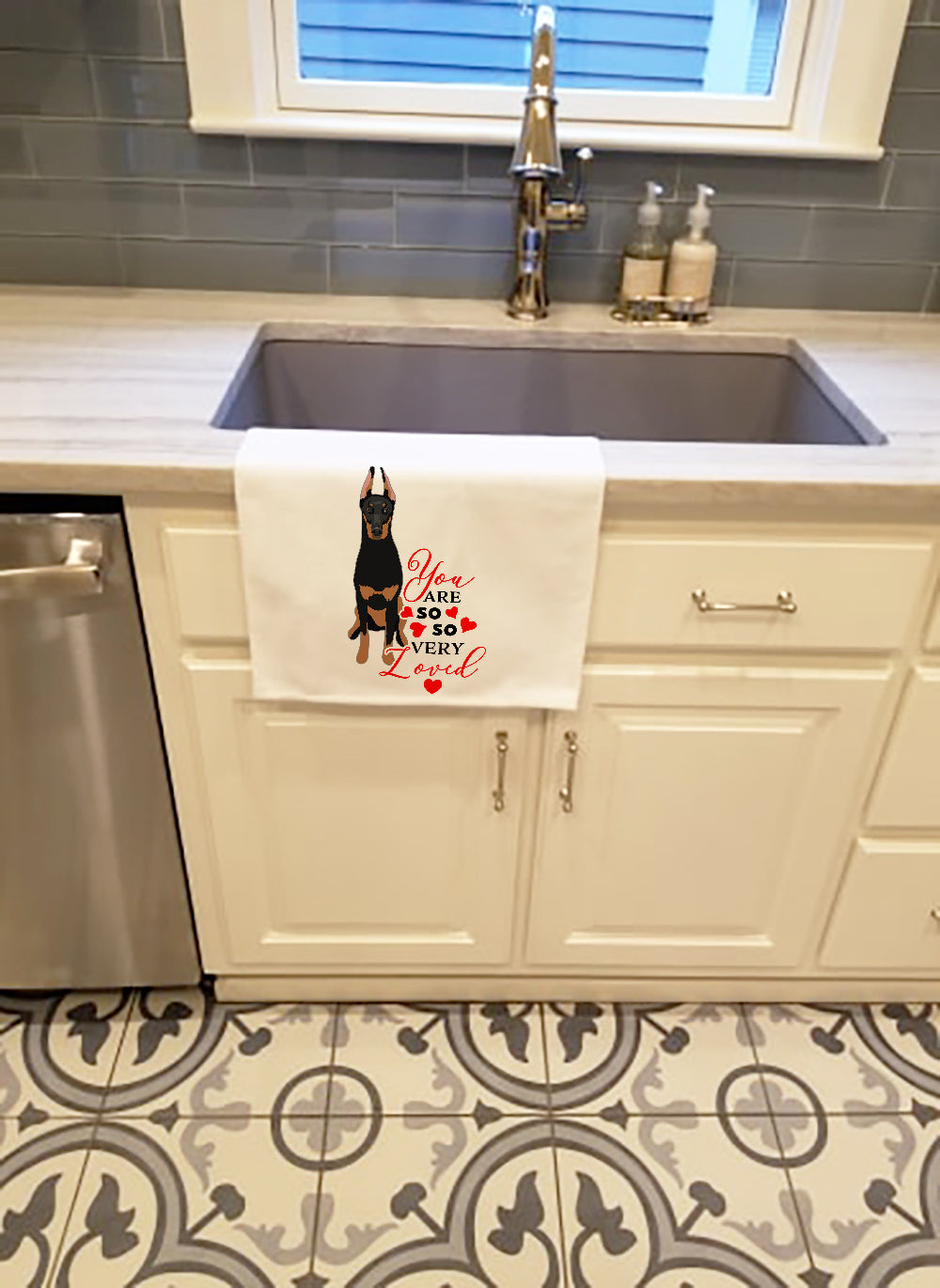 Doberman Pinscher Black and Rust Ears Cropped so Loved Kitchen Towel Set of 2 White Dish Towels Decorative Bathroom Hand towel for Hand, Face, Hair, Yoga, Tea, Dishcloth, 19 X 28", White