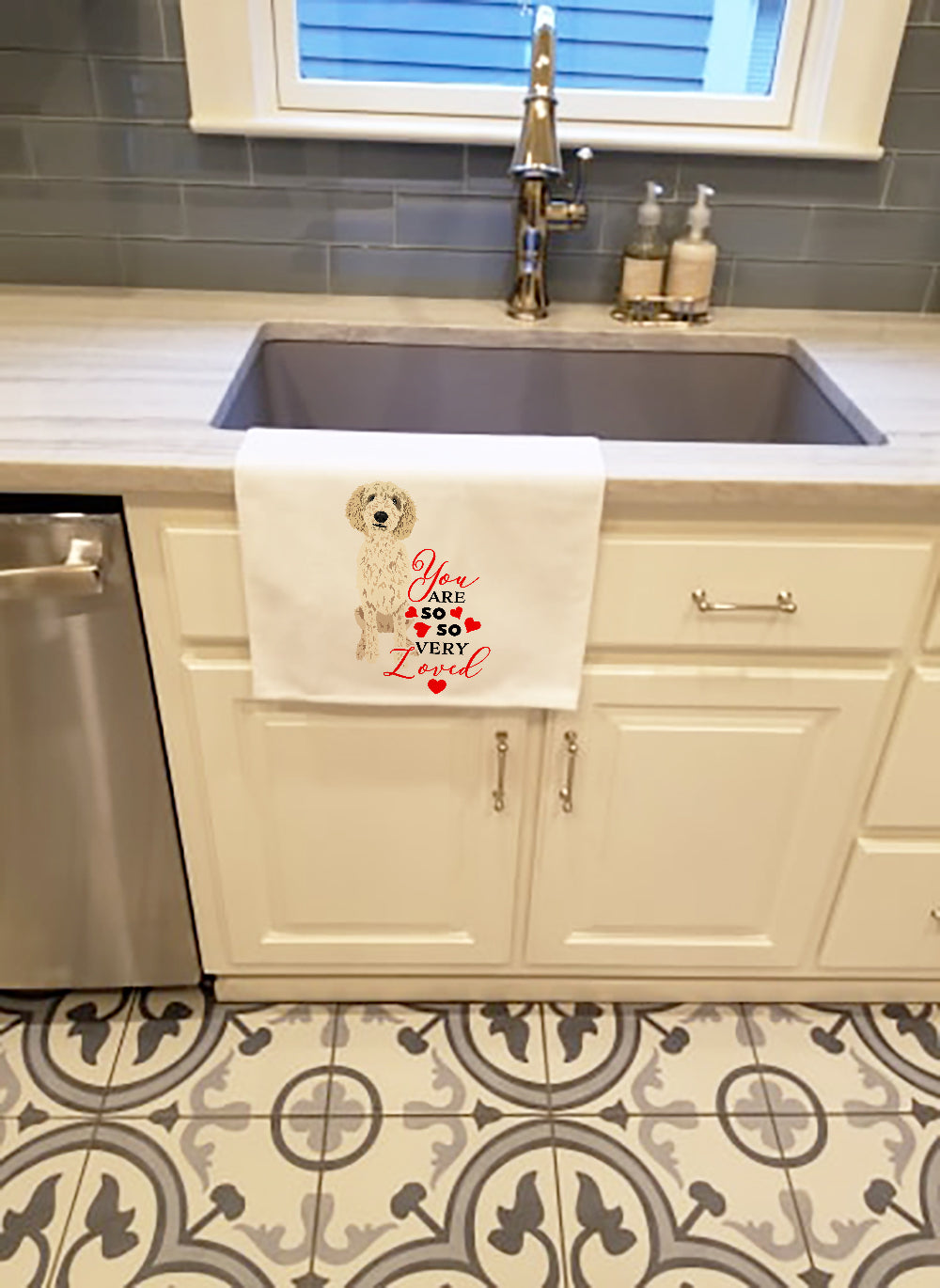Doodle Cream #7 so Loved Kitchen Towel Set of 2 White Dish Towels Decorative Bathroom Hand towel for Hand, Face, Hair, Yoga, Tea, Dishcloth, 19 X 28", White